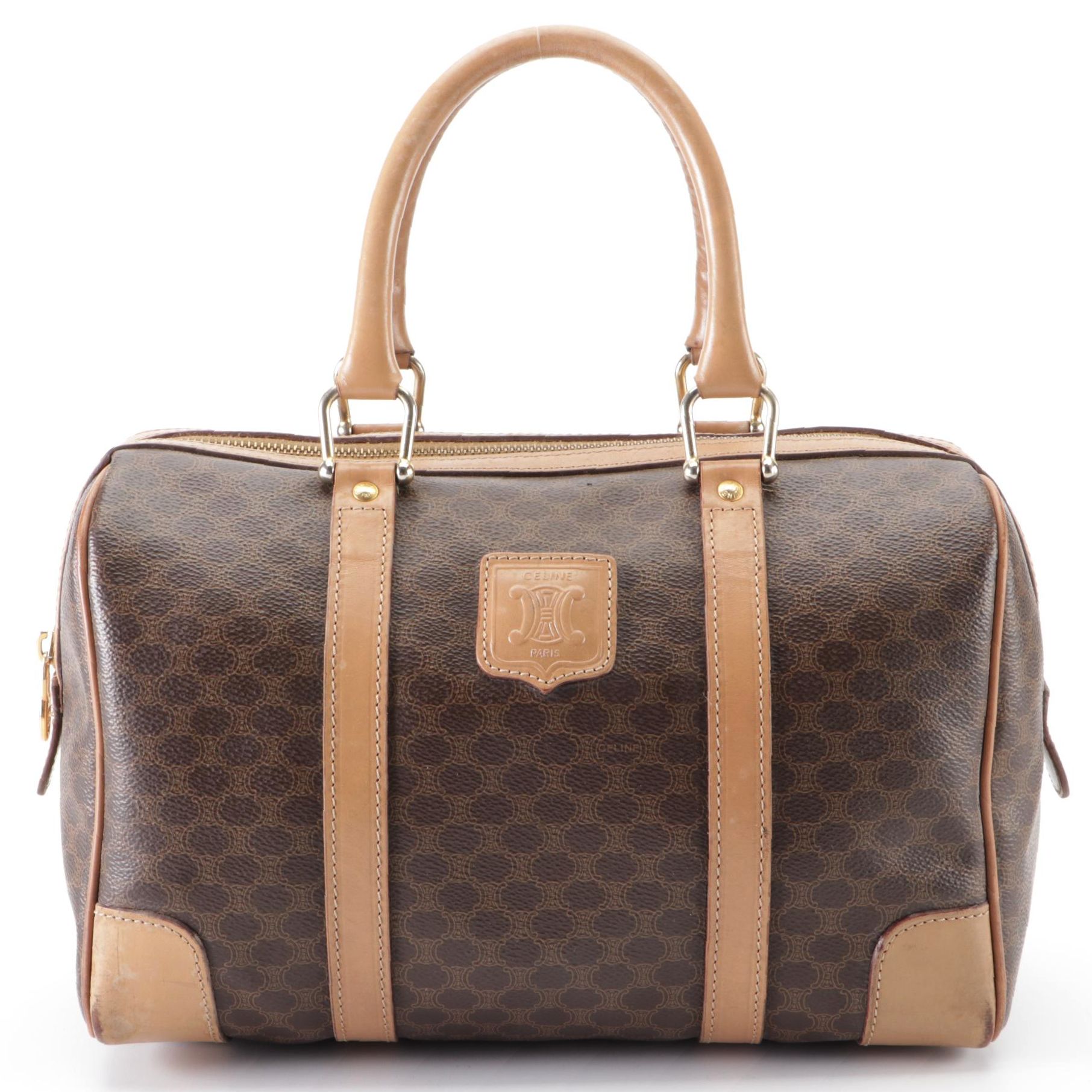 Celine Small Boston Bag in Macadam Coated Canvas and Leather