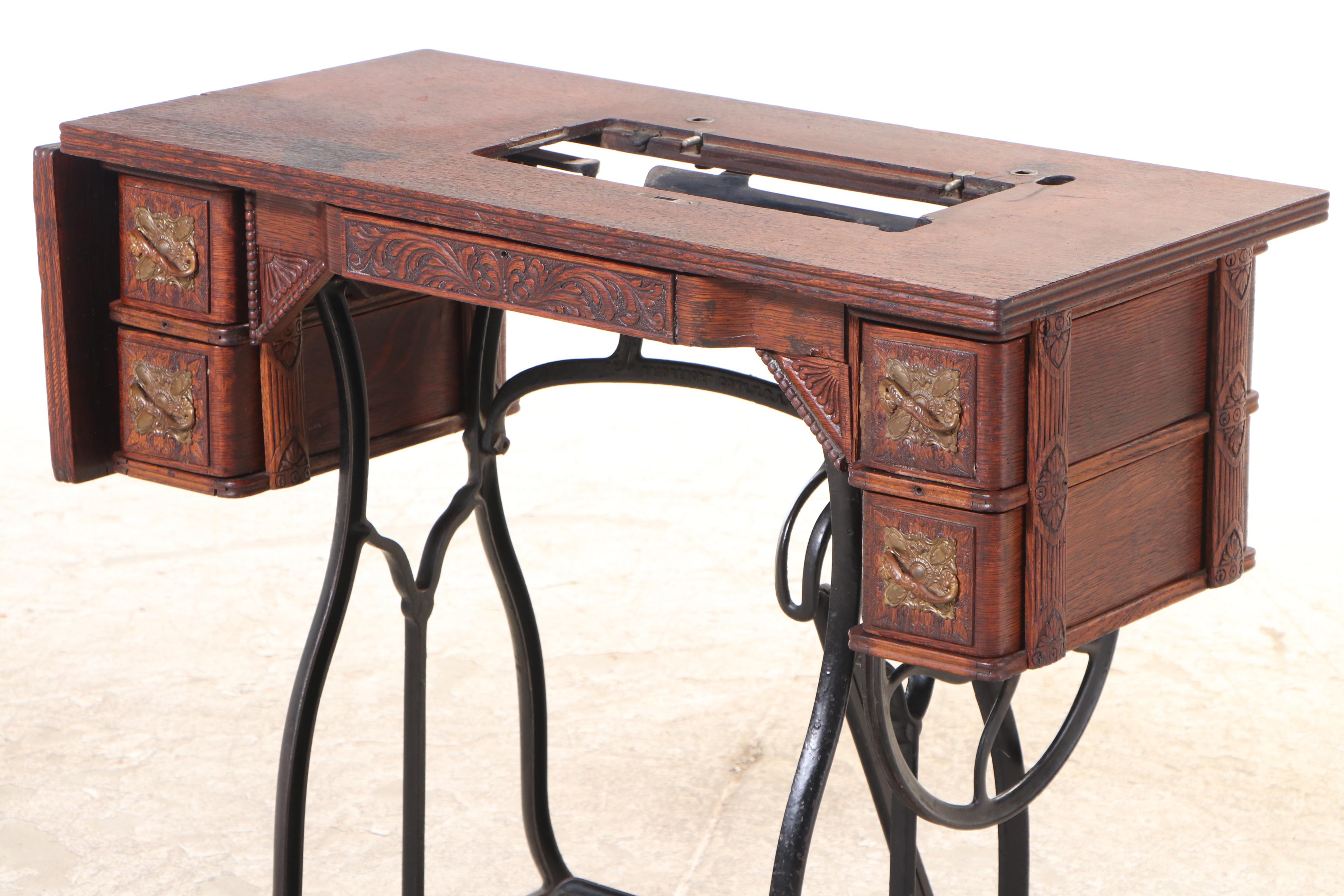 Wheeler & Wilson Press-Decorated Oak and Cast Iron Sewing Machine Table