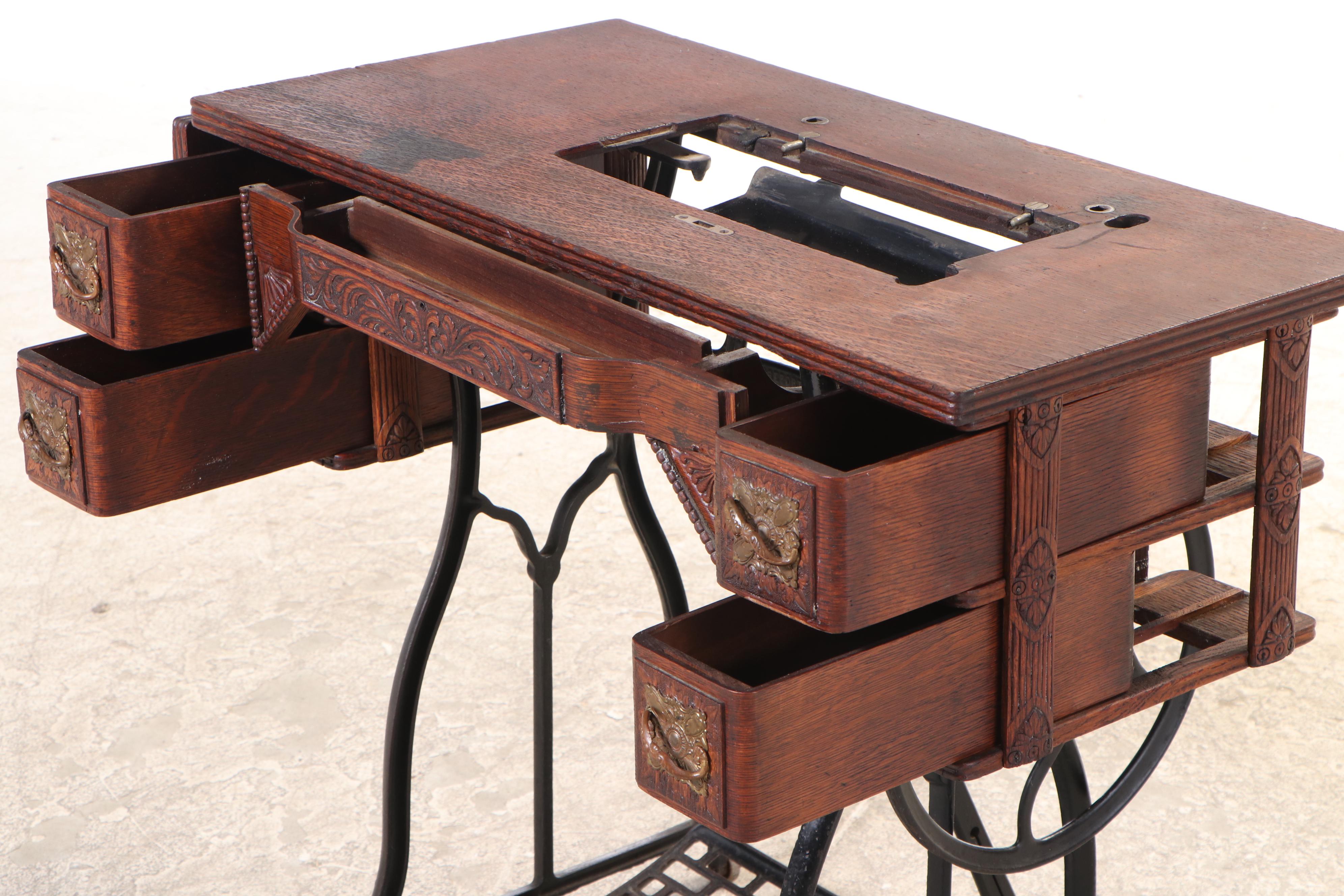 Wheeler & Wilson Press-Decorated Oak and Cast Iron Sewing Machine Table