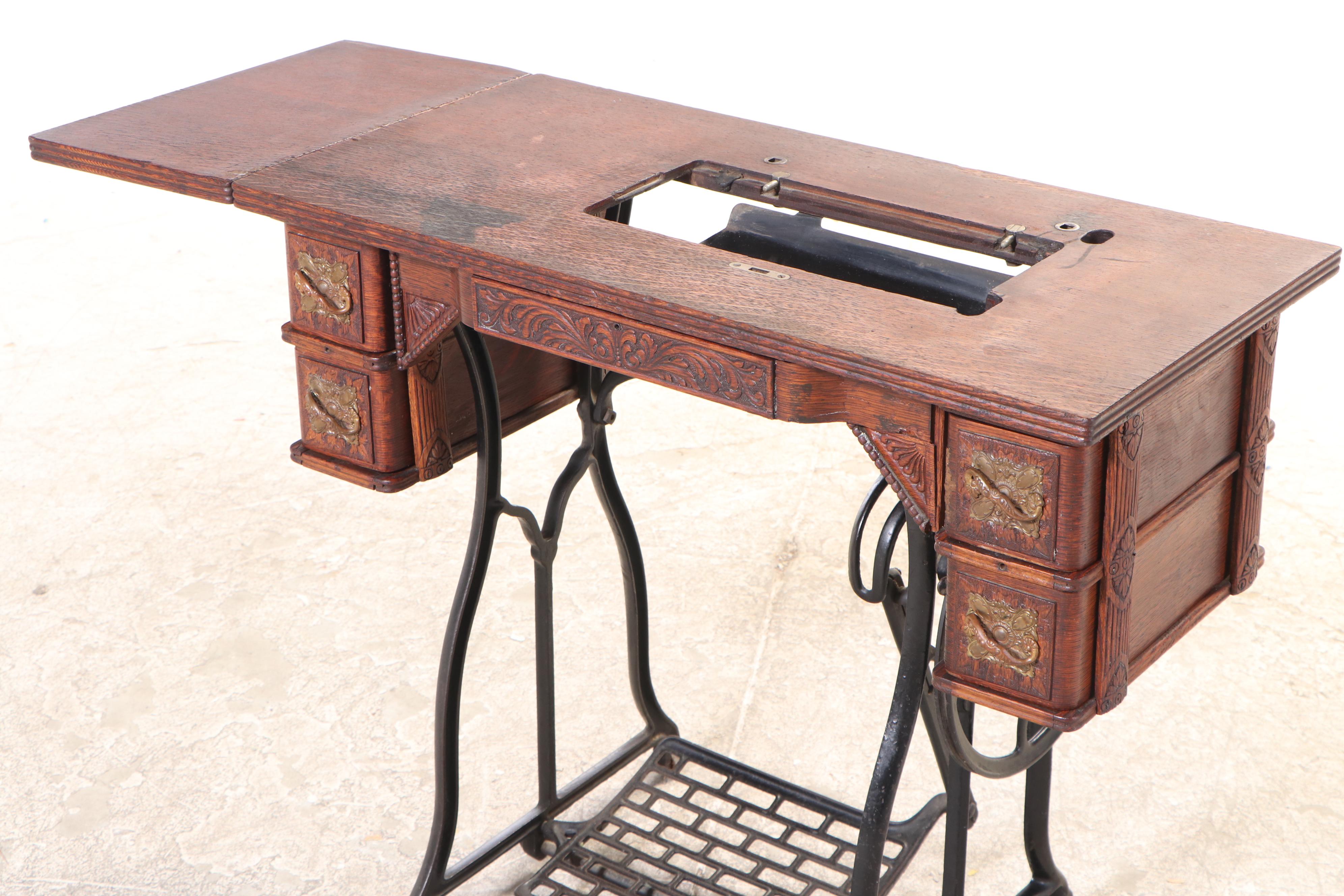Wheeler & Wilson Press-Decorated Oak and Cast Iron Sewing Machine Table