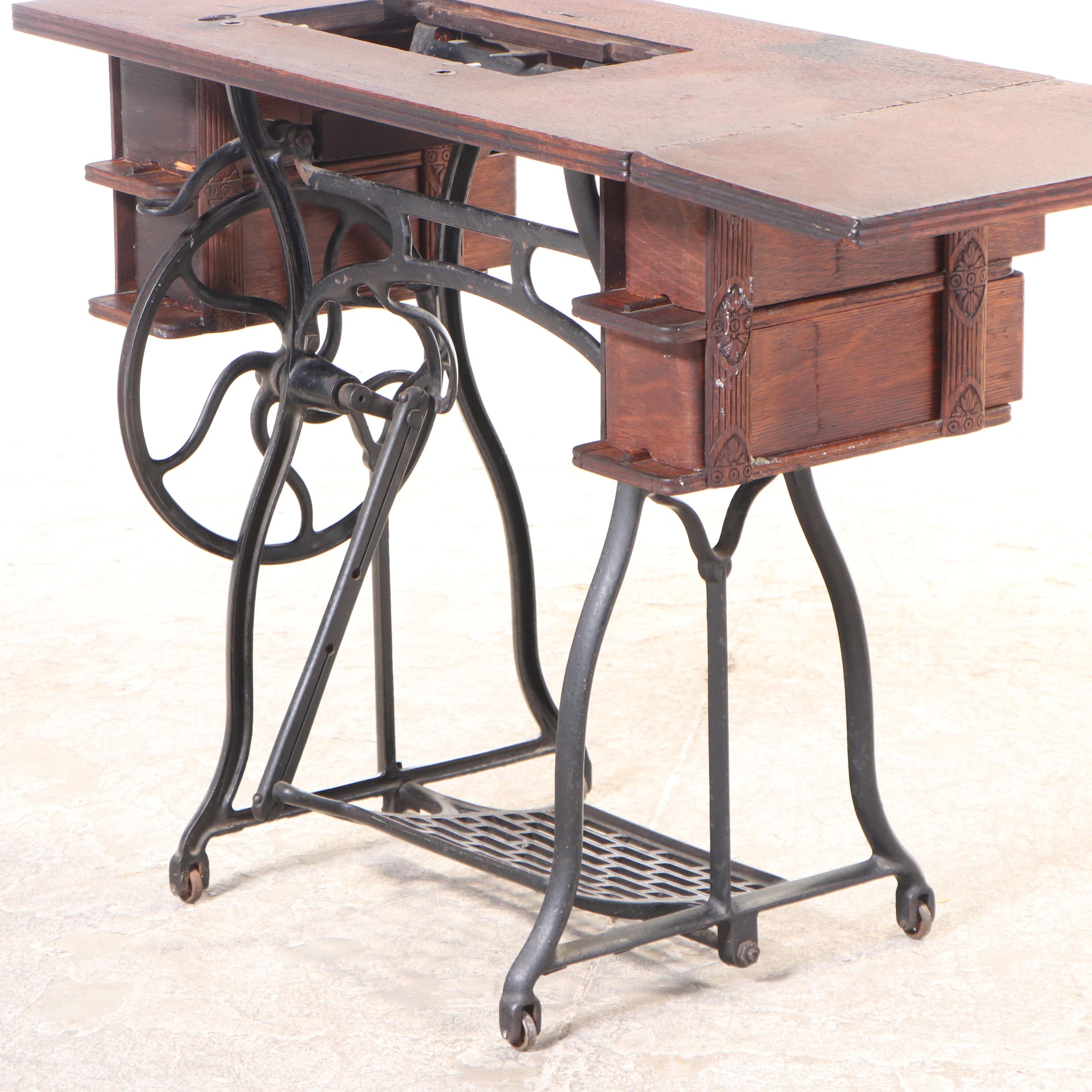 Wheeler & Wilson Press-Decorated Oak and Cast Iron Sewing Machine Table