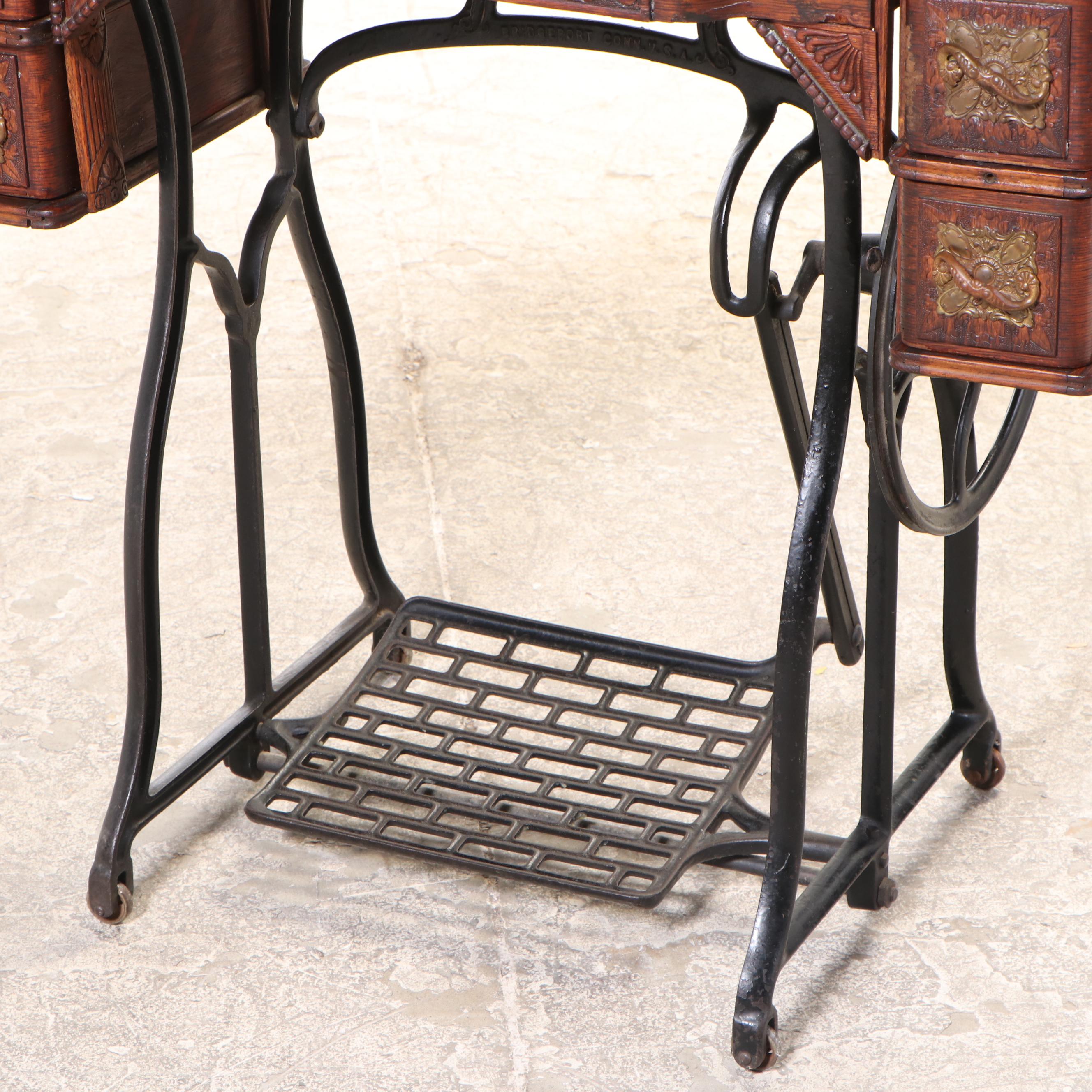 Wheeler & Wilson Press-Decorated Oak and Cast Iron Sewing Machine Table