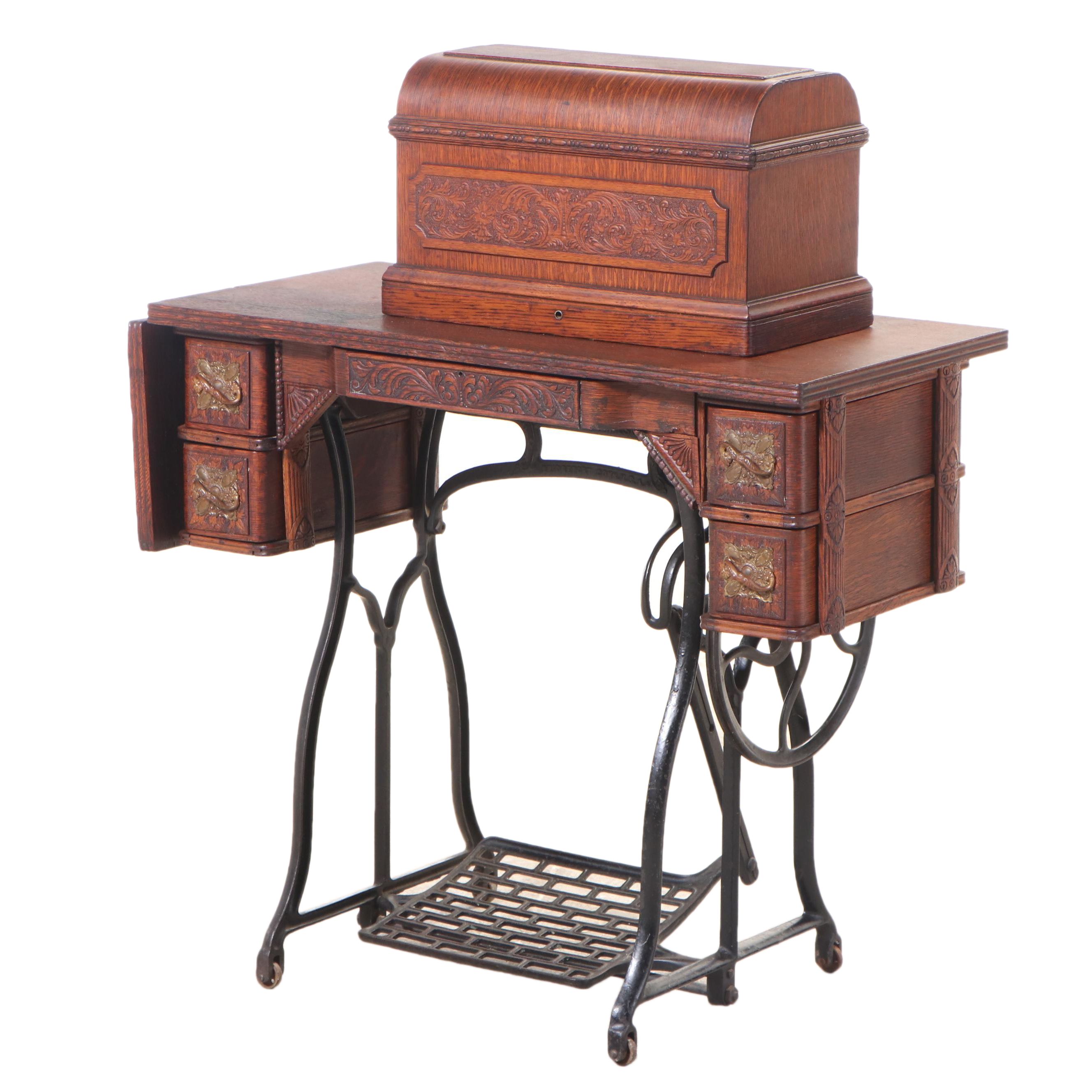 Wheeler & Wilson Press-Decorated Oak and Cast Iron Sewing Machine Table