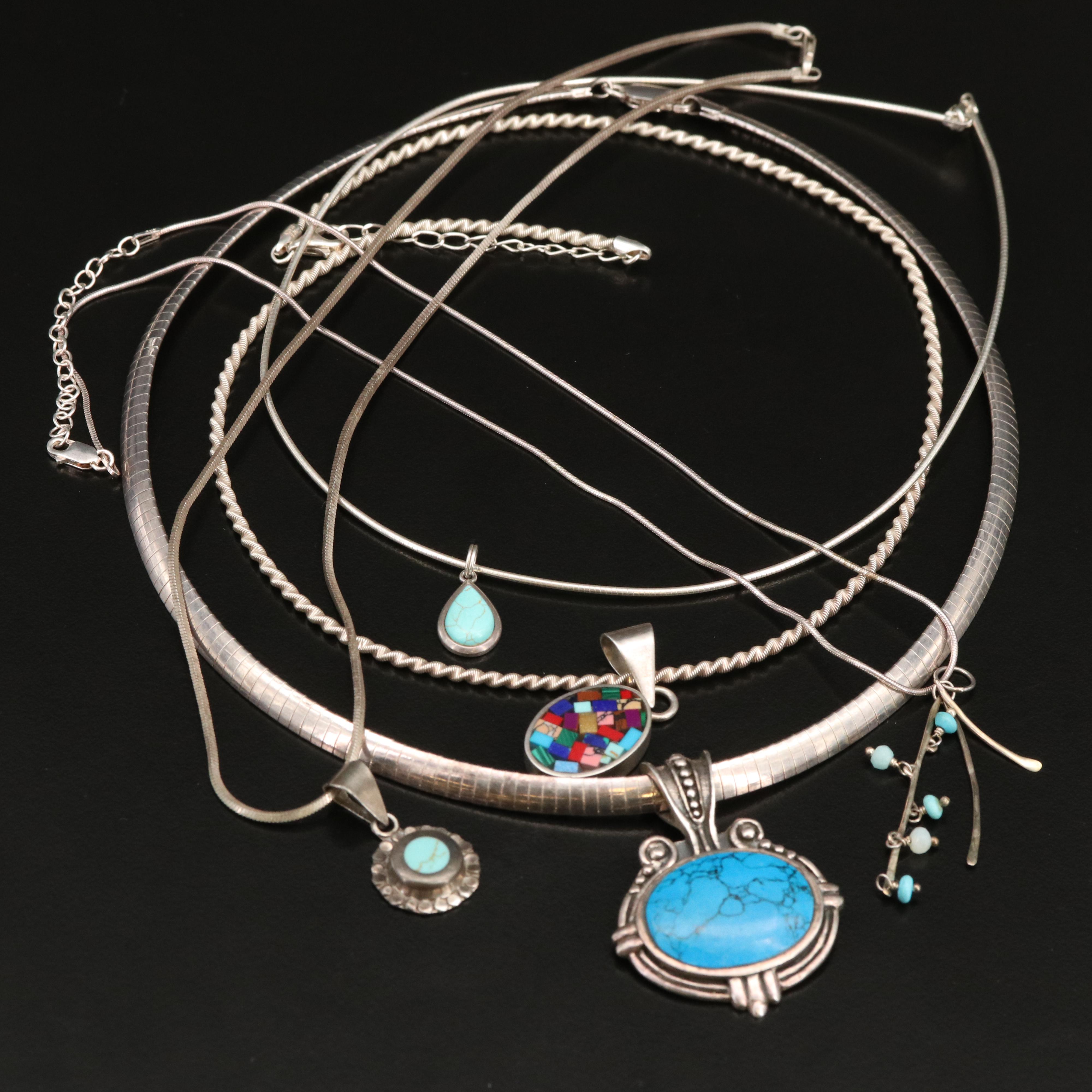 Sterling and 950 Silver Pendant Necklace Including Malachite and Sugilite