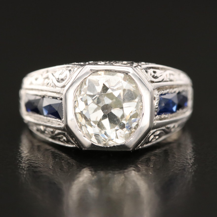 Antique 18K 1.90 CT Diamond and Sapphire Ring with GIA Report