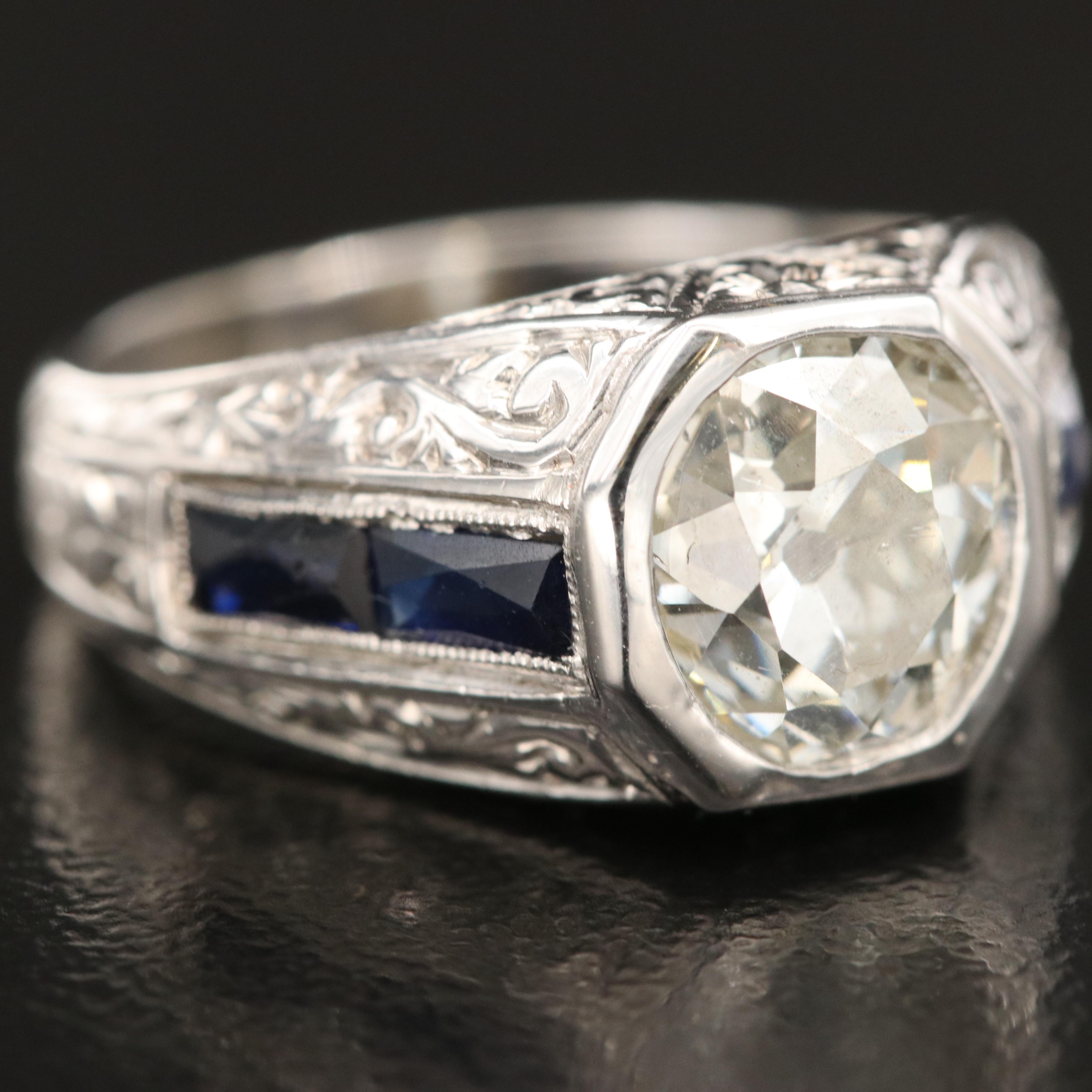 Antique 18K 1.90 CT Diamond and Sapphire Ring with GIA Report