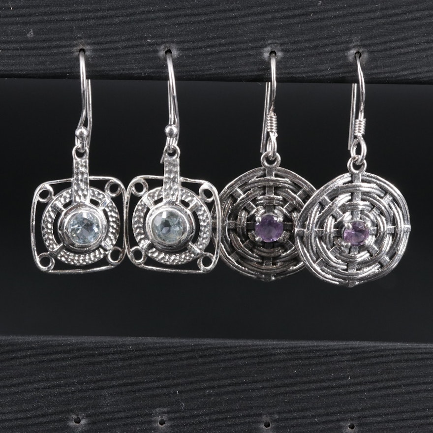 2-Piece Sterling Dangle Earrings Set Featuring Amethyst and Topaz