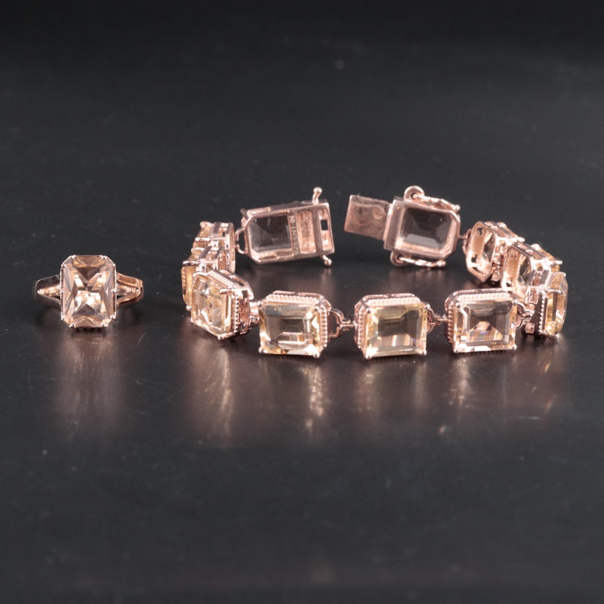 Sterling Silver Morganite Ring and Bracelet Set
