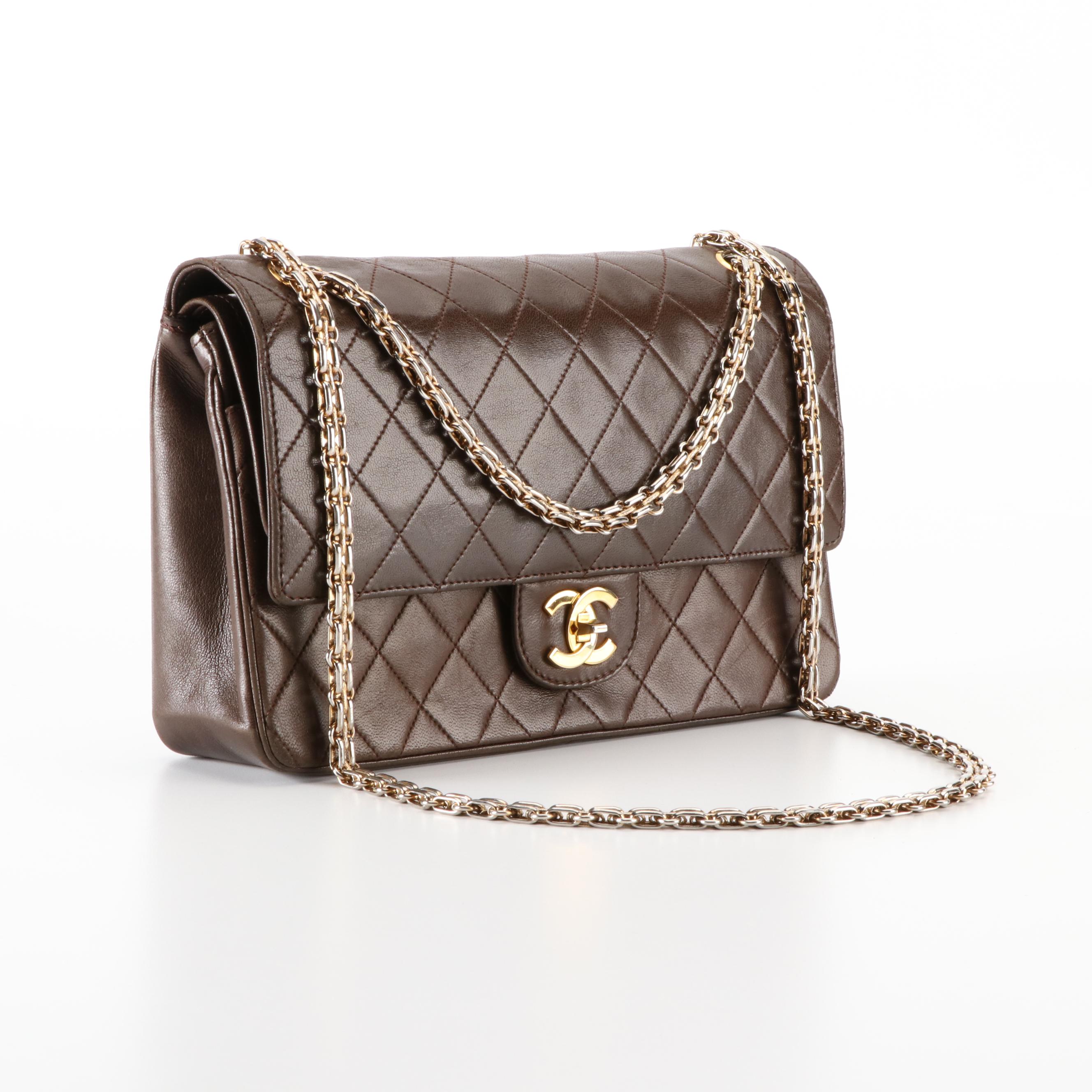 Chanel Classic Small Double-Flap Bag in Dark Brown Lambskin Leather with Box