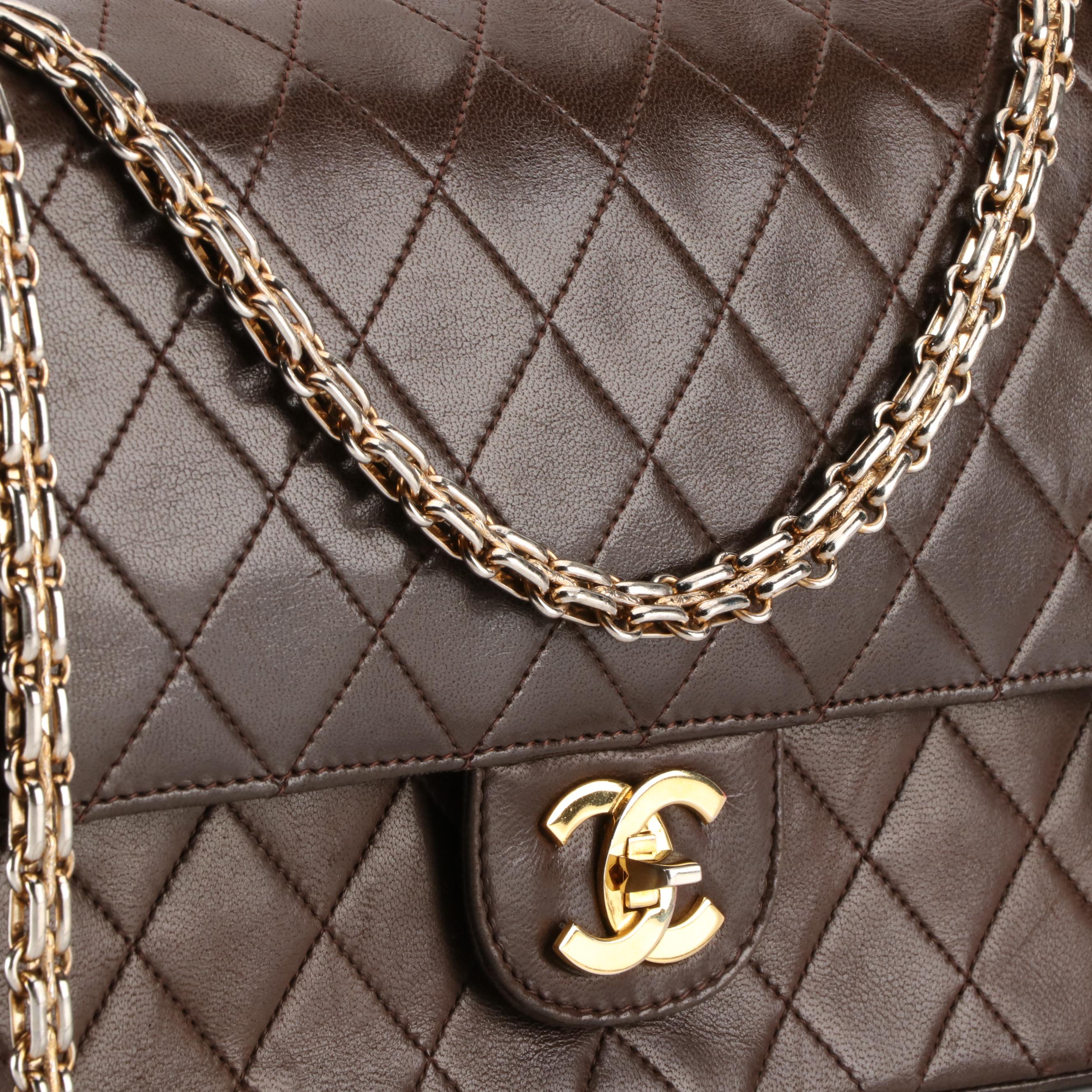 Chanel Classic Small Double-Flap Bag in Dark Brown Lambskin Leather with Box