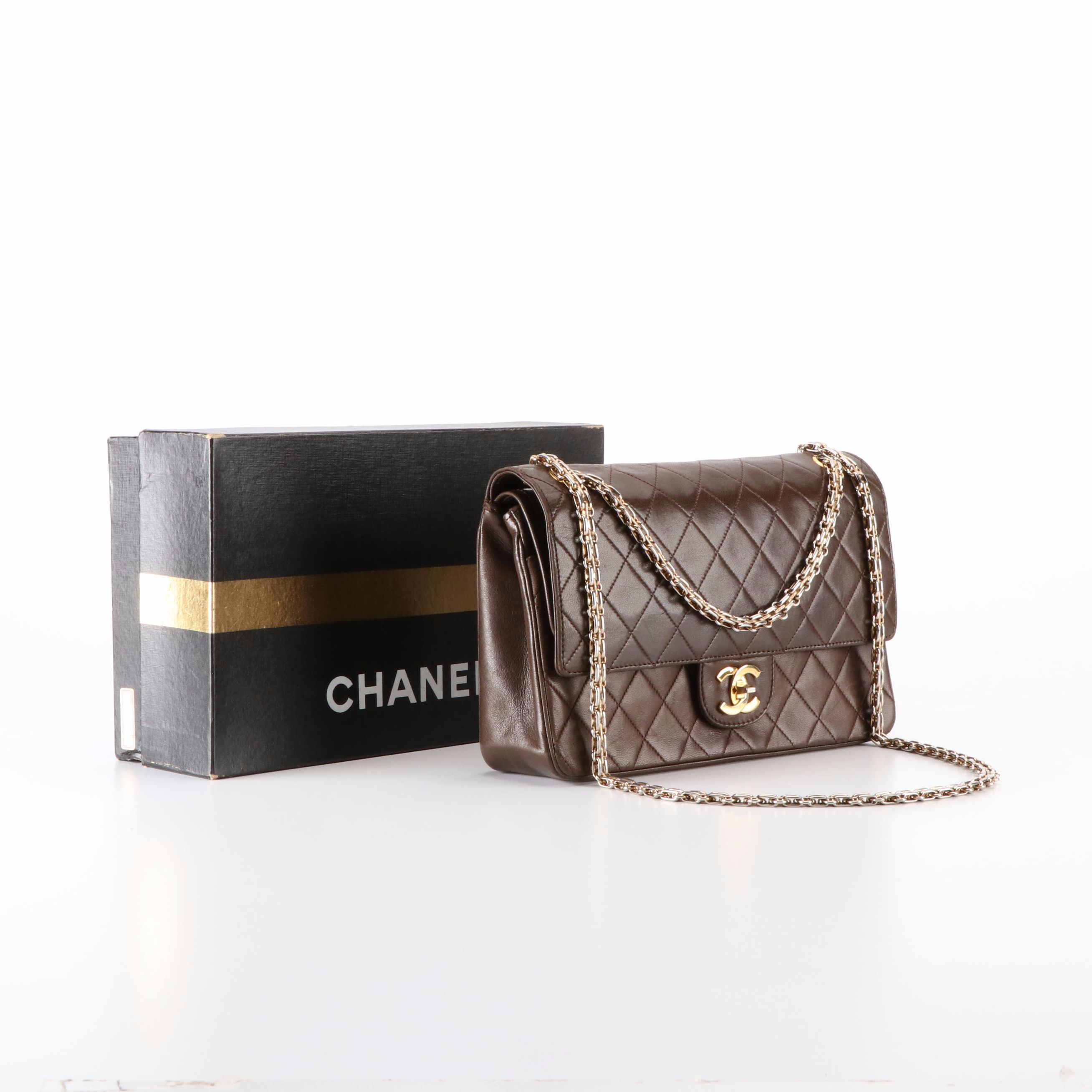 Chanel Classic Small Double-Flap Bag in Dark Brown Lambskin Leather with Box