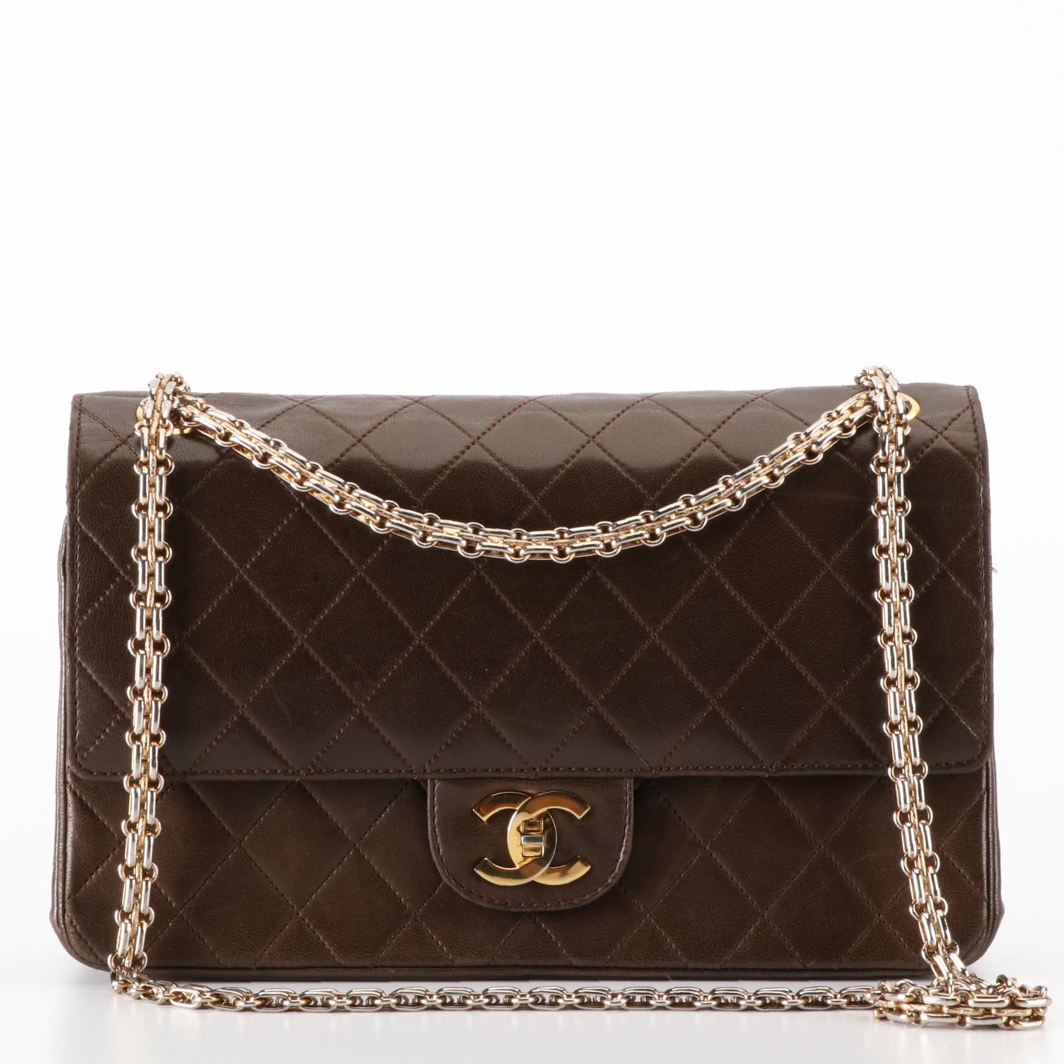 Chanel Classic Small Double-Flap Bag in Dark Brown Lambskin Leather with Box
