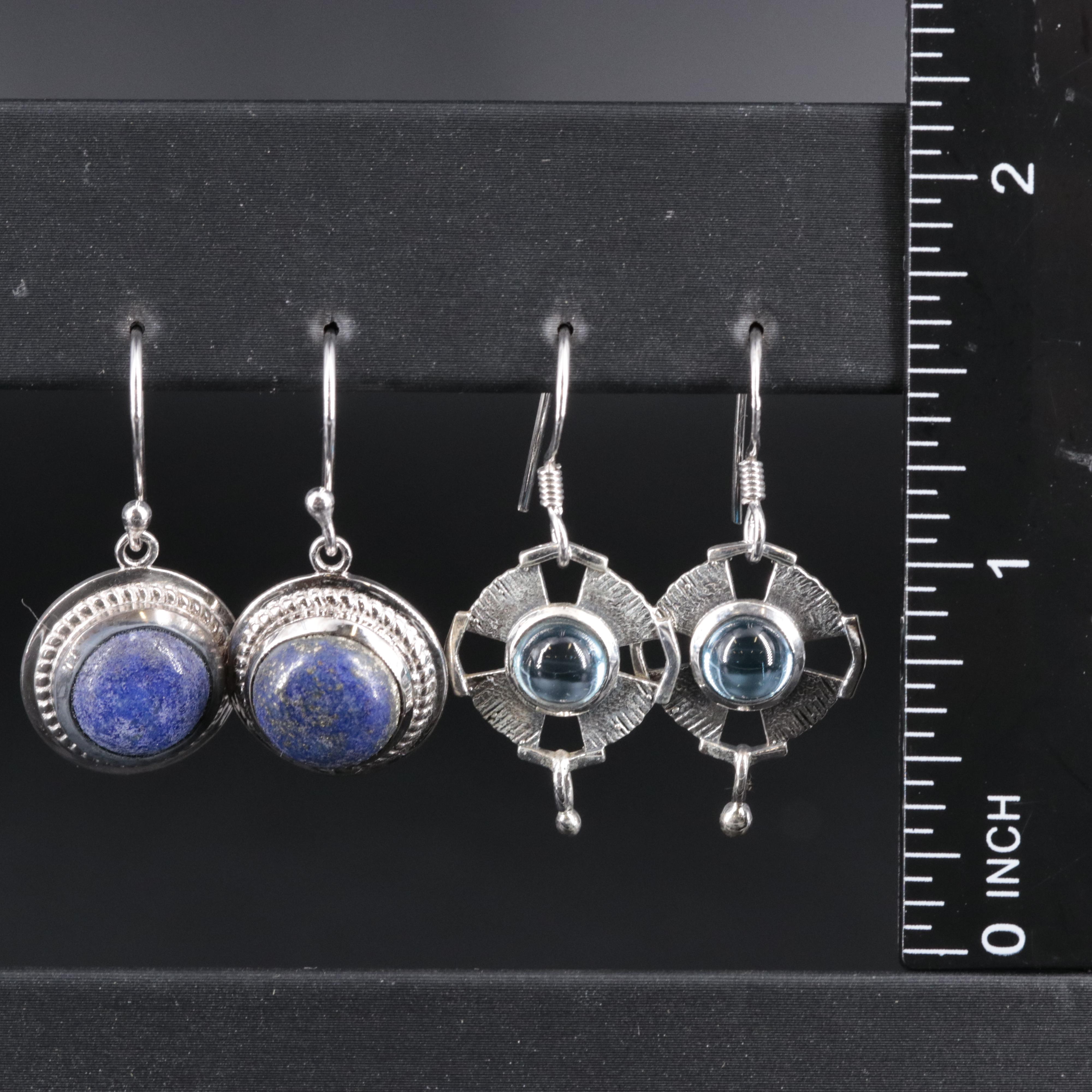 2-Piece Sterling Drop Earrings Set Featuring Lapis Lazuli and Topaz