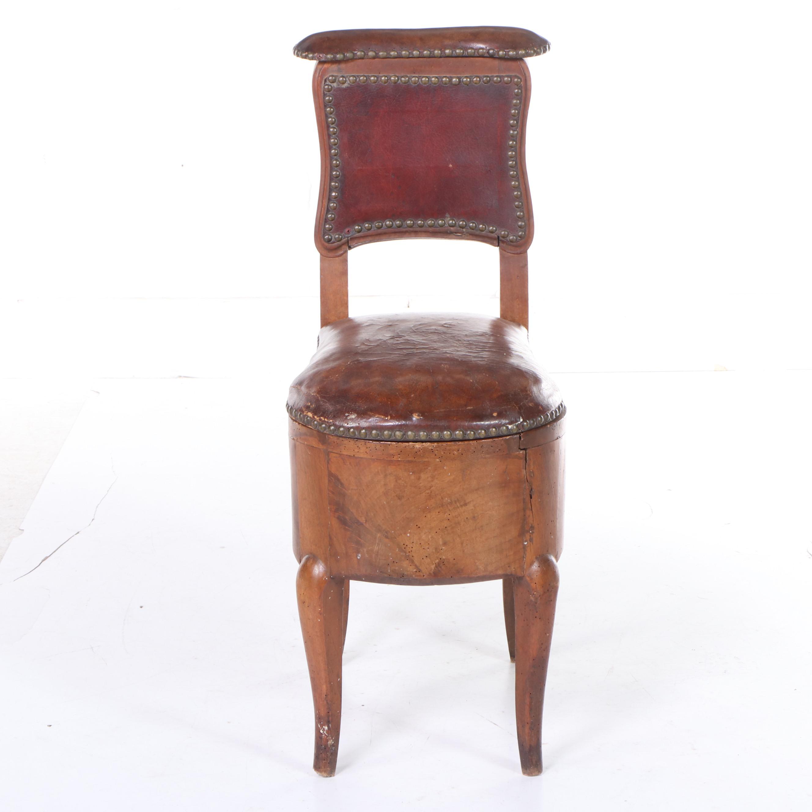 French Leather Upholstered Bidet Chair with Tin-Glazed Bowl, 18th Century