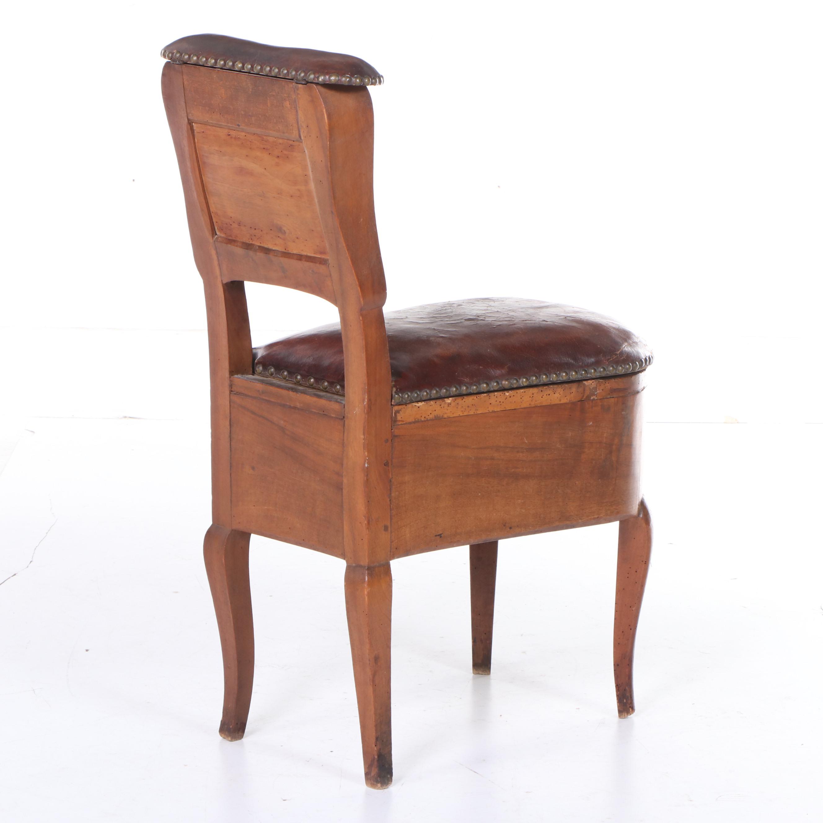 French Leather Upholstered Bidet Chair with Tin-Glazed Bowl, 18th Century