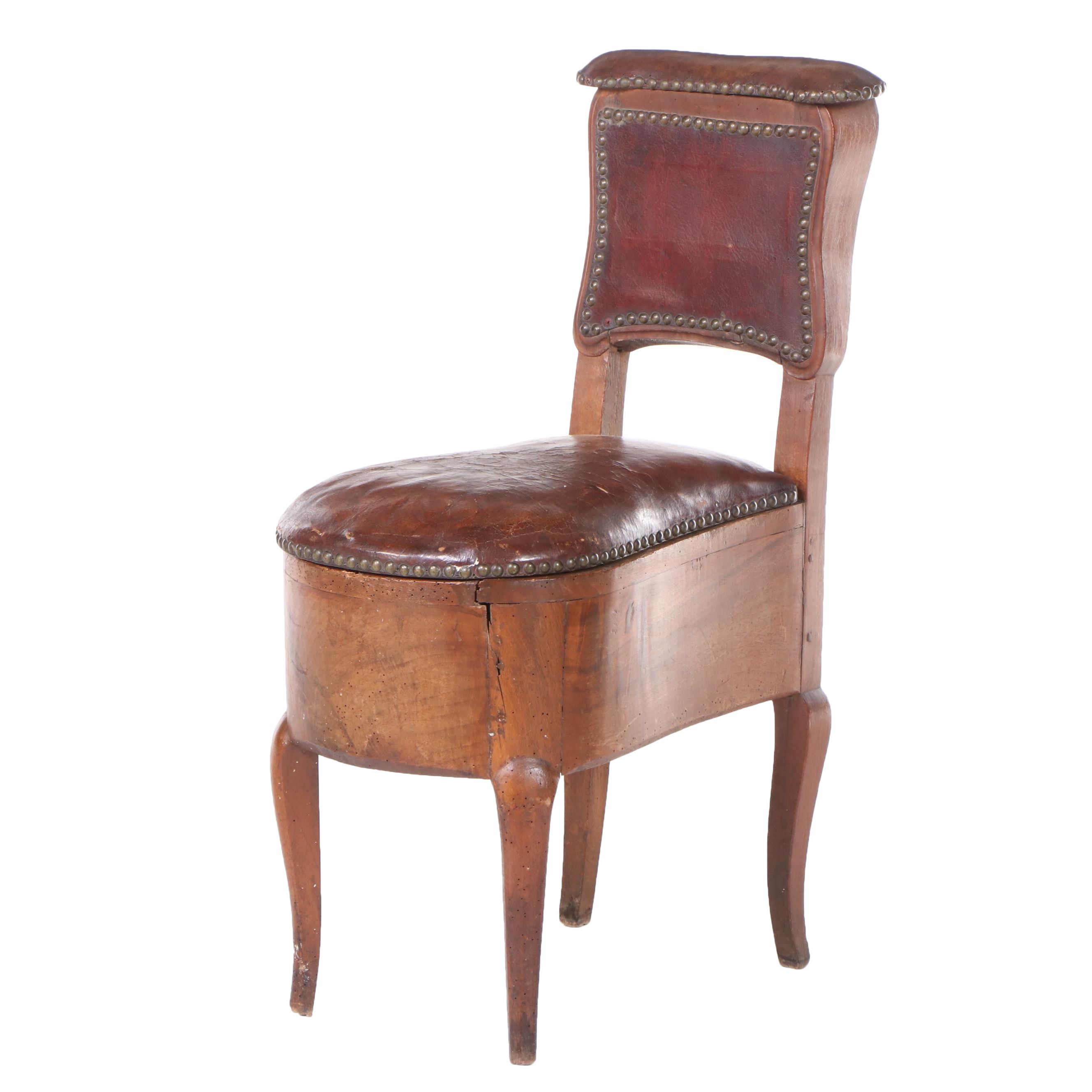 French Leather Upholstered Bidet Chair with Tin-Glazed Bowl, 18th Century
