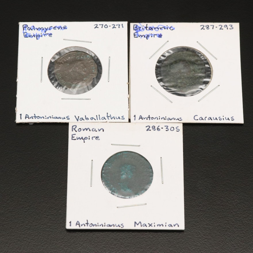 Three Ancient Roman Imperial Antoninianus Coins, ca. 270 to 305 AD