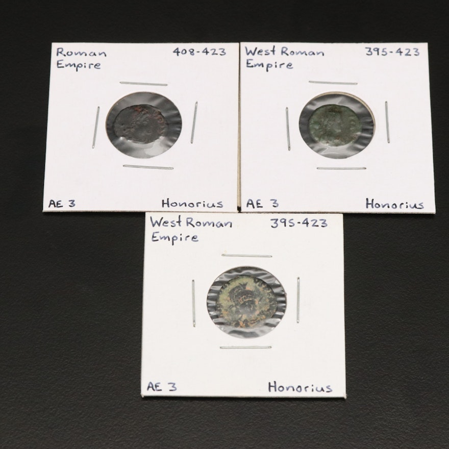 Three Ancient Late Roman Imperial AE3 Coins of Honorius, ca. 400 AD