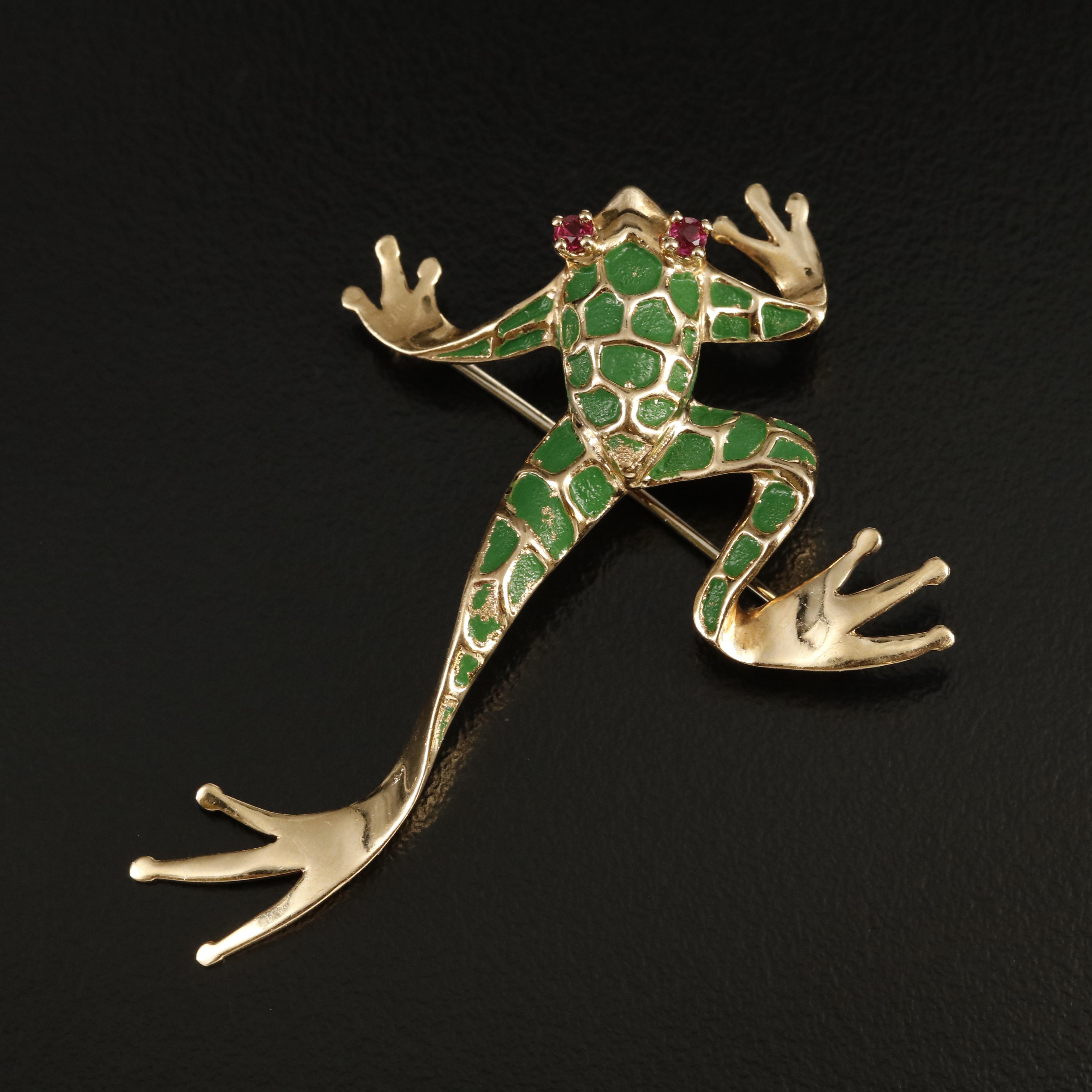 1960s Dan Frere Co. 14K Ruby and Enamel Leaping Frog Brooch