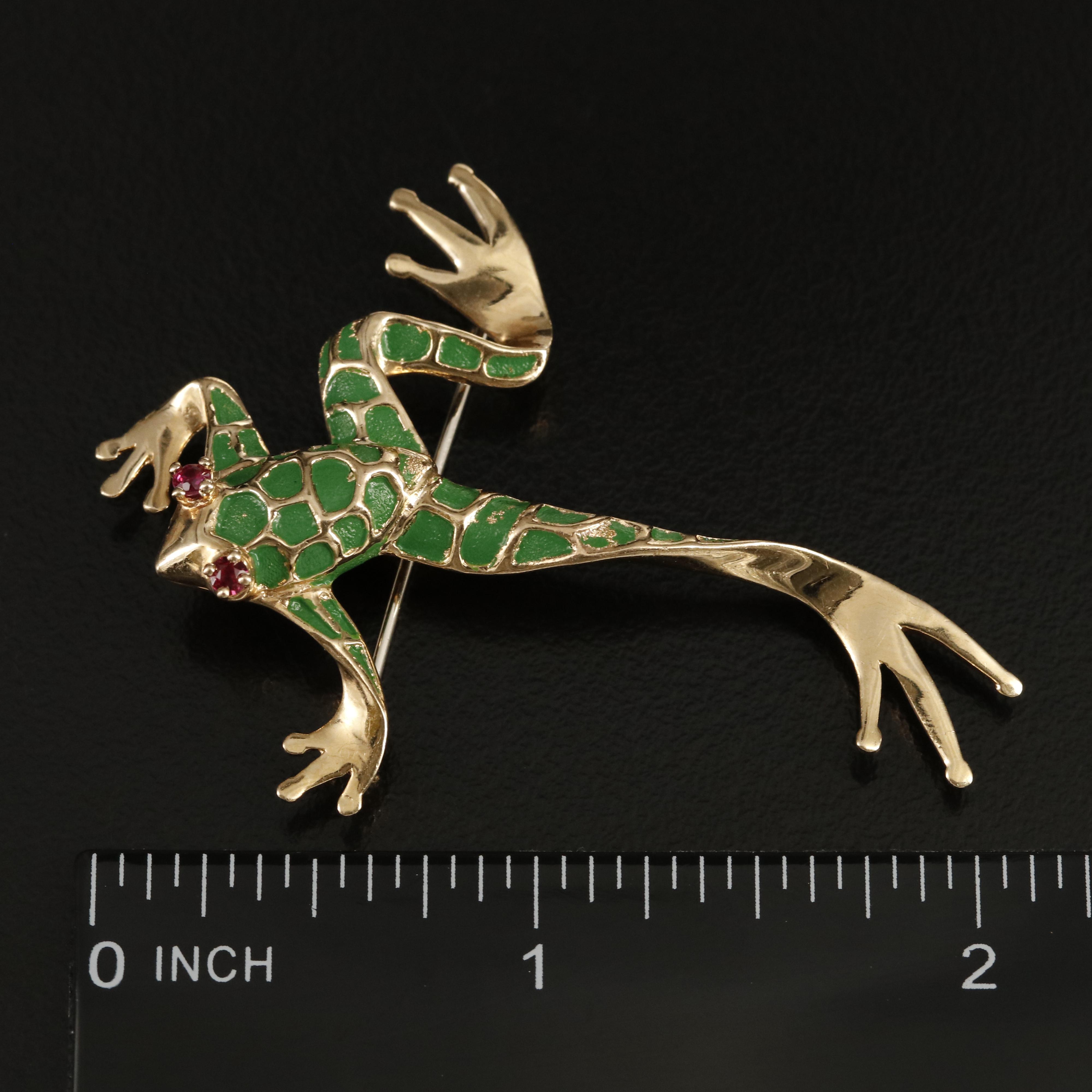 1960s Dan Frere Co. 14K Ruby and Enamel Leaping Frog Brooch