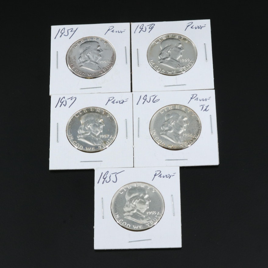 Five Franklin Silver Half Dollar Proof Coins