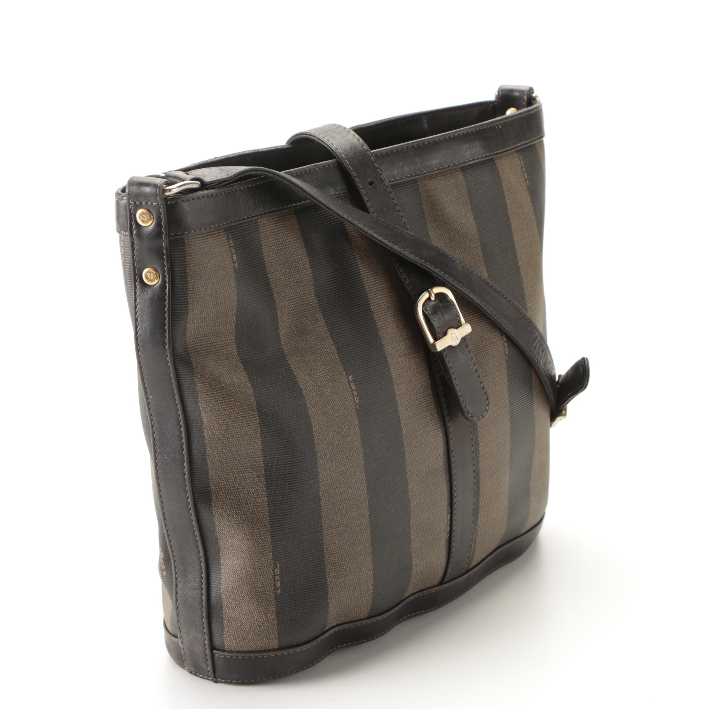 Fendi Shoulder Bag in Pequin Stripe Coated Canvas with Leather Trim