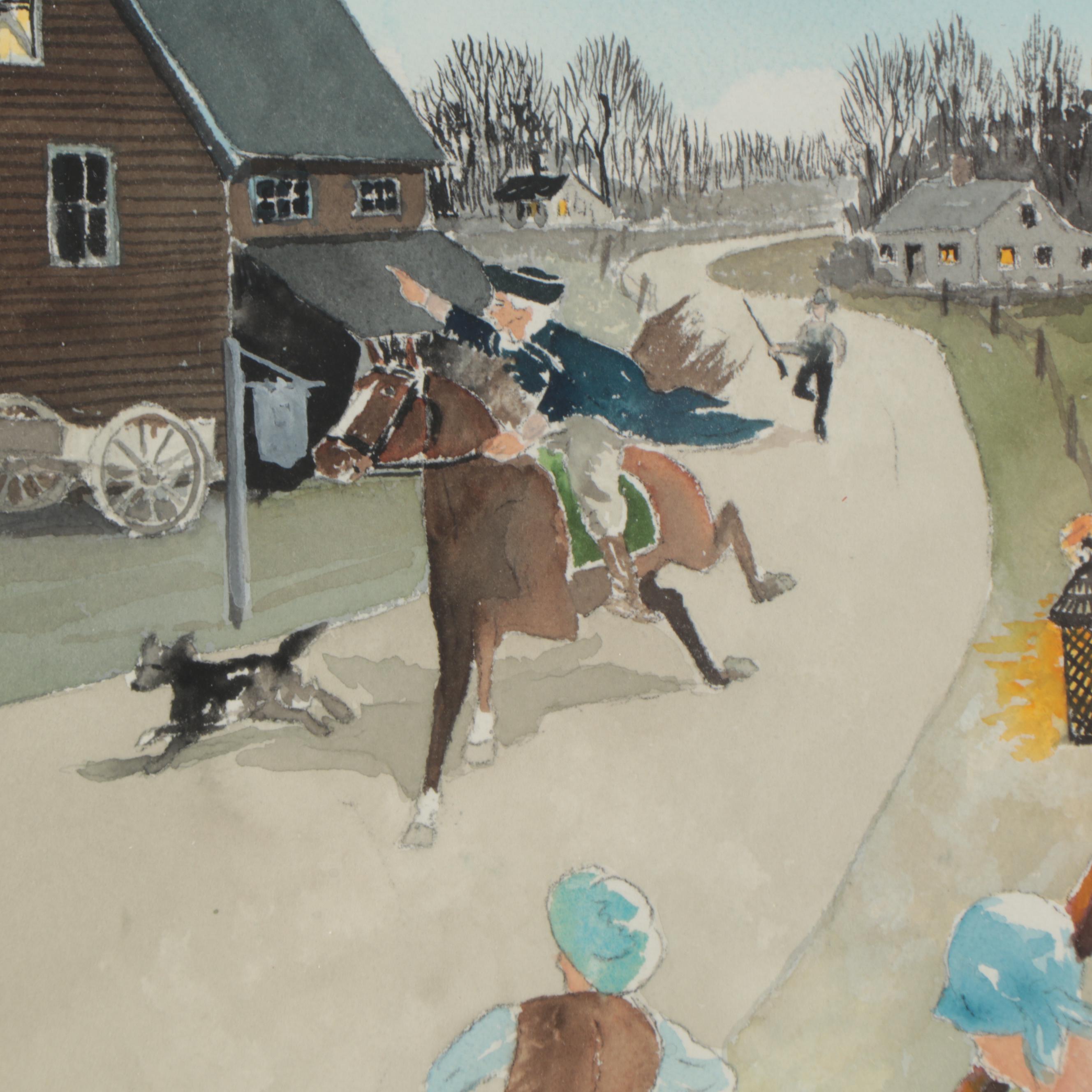 G. Robbins Watercolor Painting of Paul Revere's Midnight Ride