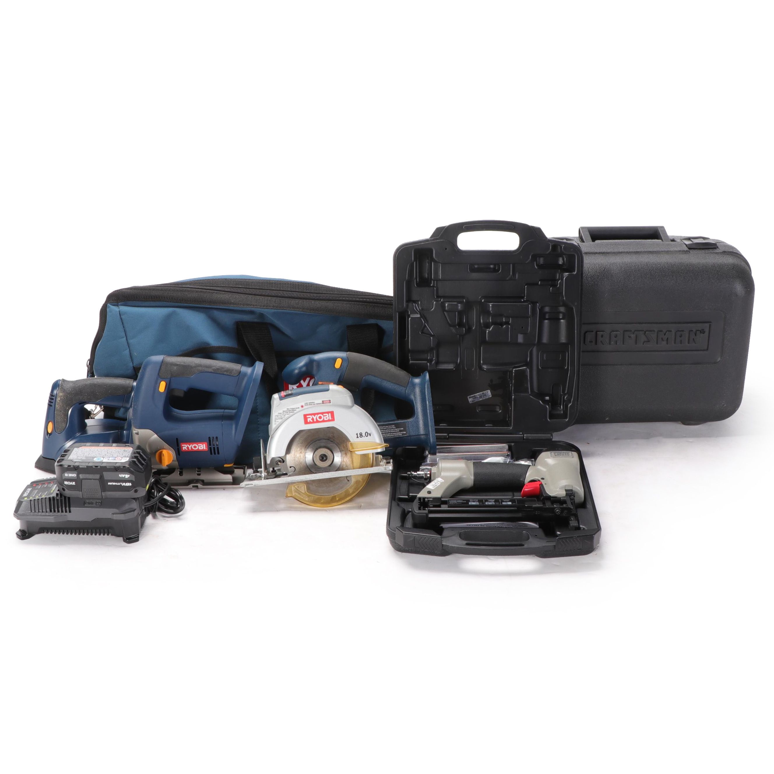 Ryobi Circular Saw, Jig Saw and Finish Sander with Craftsman Saw and Nail Gun