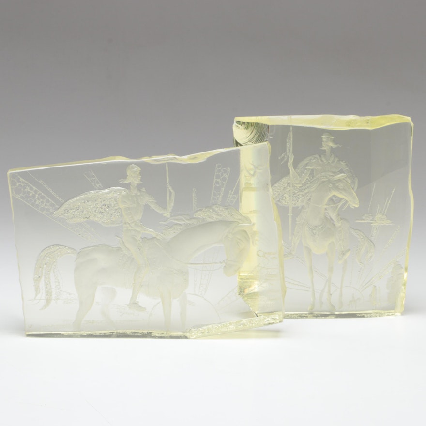 Exbor Artist Signed Bohemian Don Quixote Engraved Czech Crystal Blocks