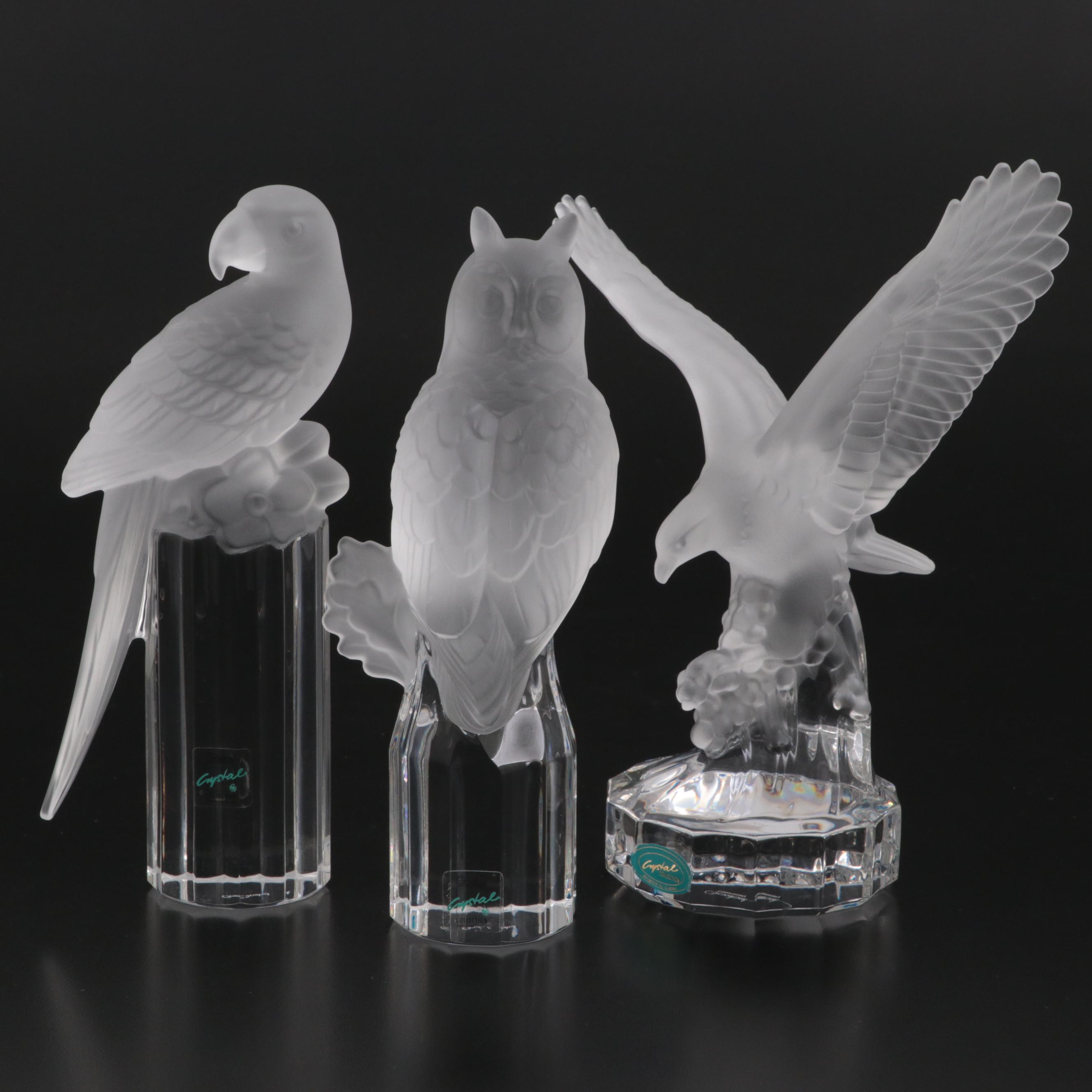 Goebel Frosted Crystal Owl, Eagle, and Parrot Figurines
