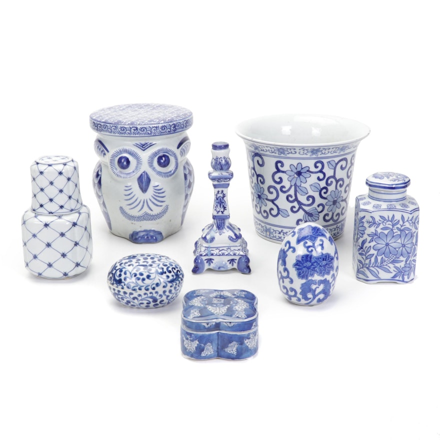 Blue and White Porcelain Owl Plant Stand, Planter, Lidded Vessels, and More