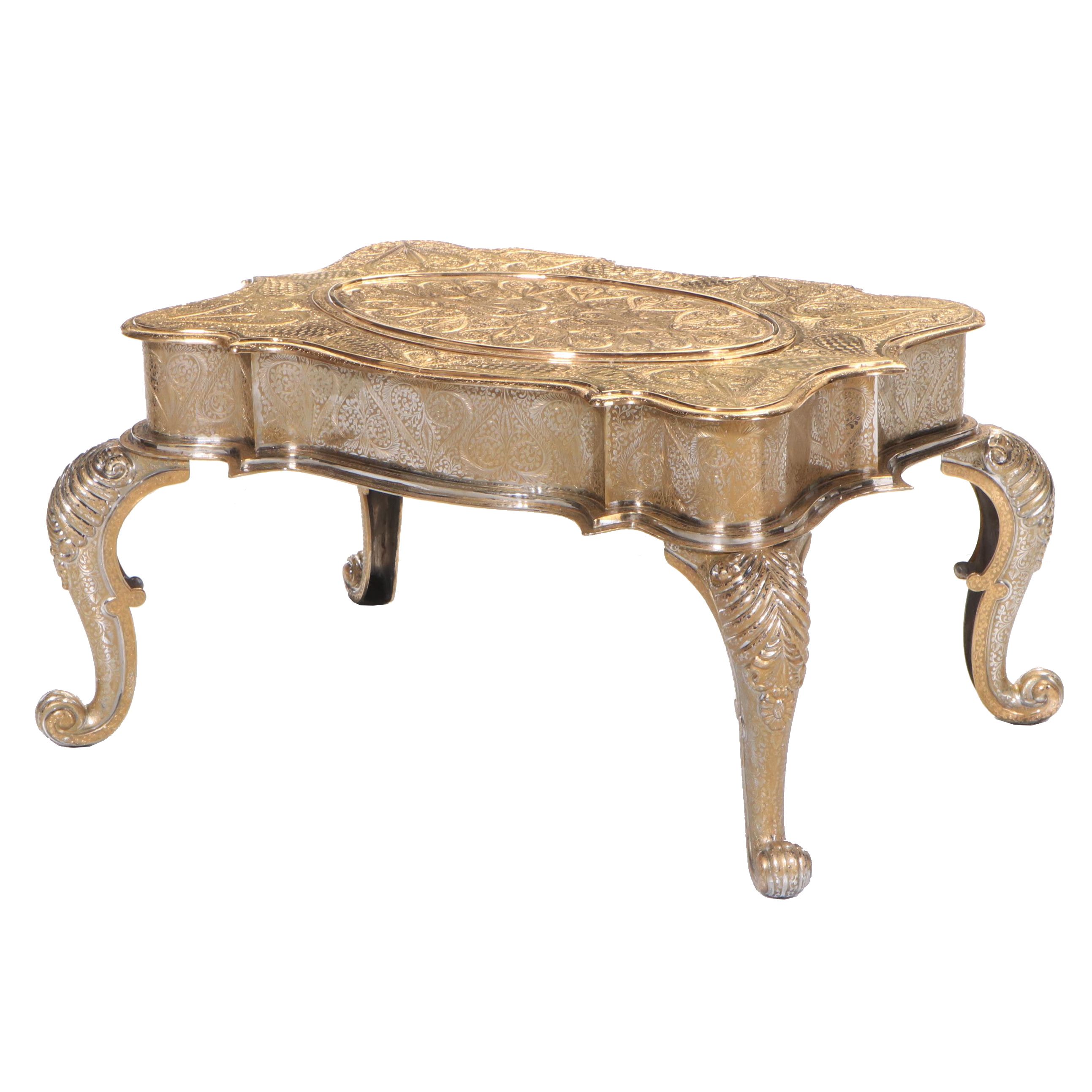 Zimbalist Thorens Reuge Ten-Song Music Box Table in Engraved Gilt Metal Case