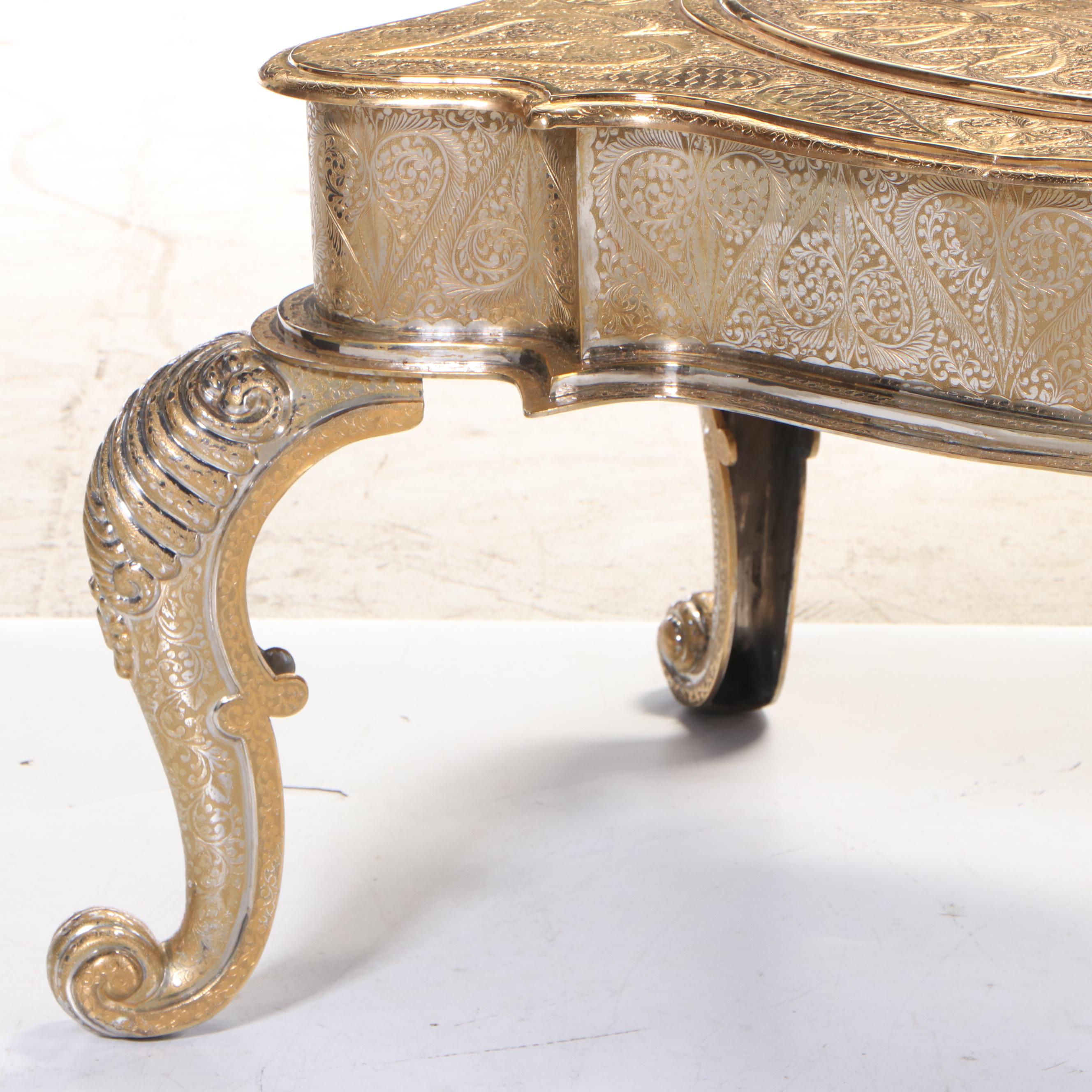 Zimbalist Thorens Reuge Ten-Song Music Box Table in Engraved Gilt Metal Case