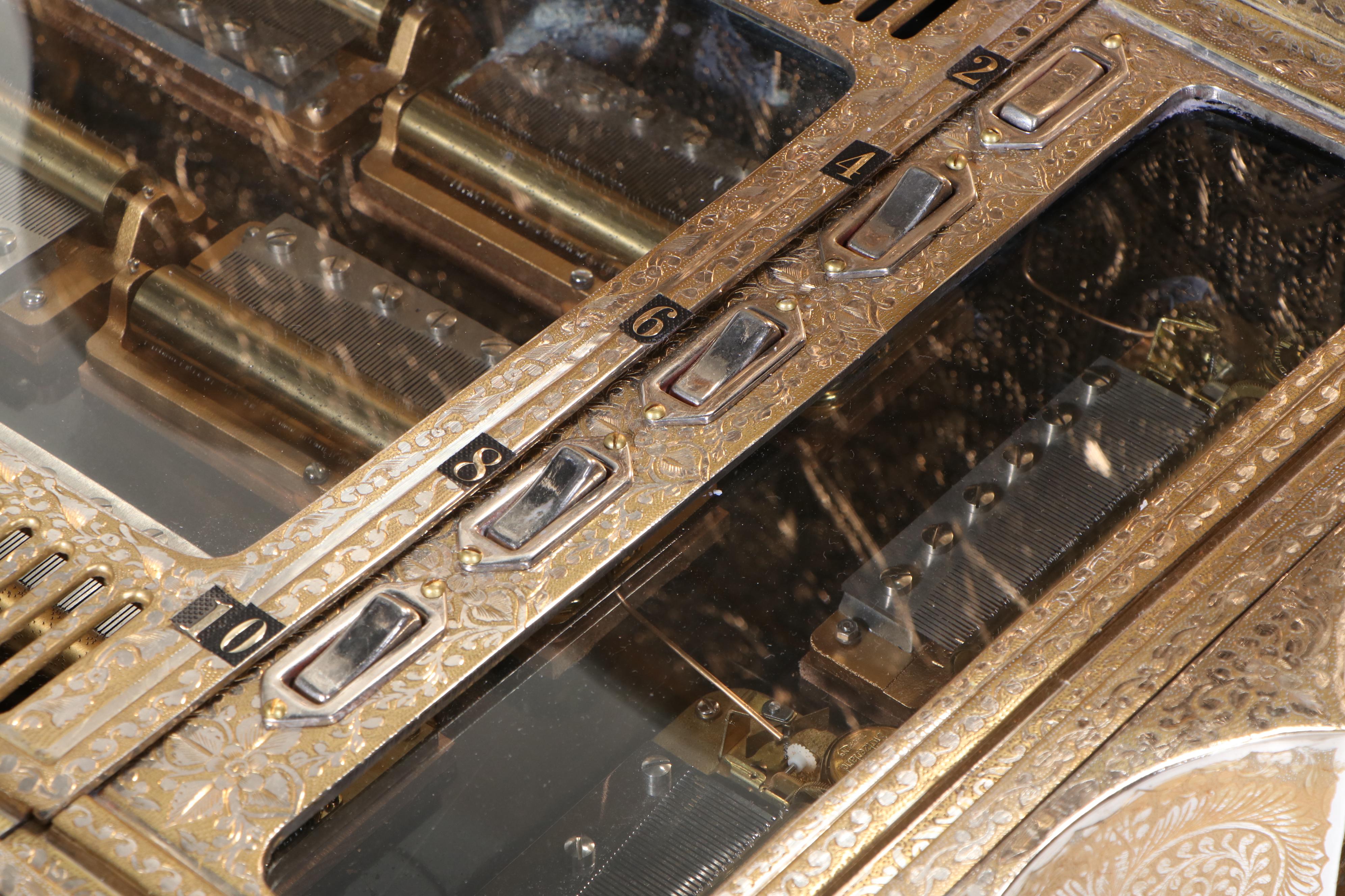 Zimbalist Thorens Reuge Ten-Song Music Box Table in Engraved Gilt Metal Case