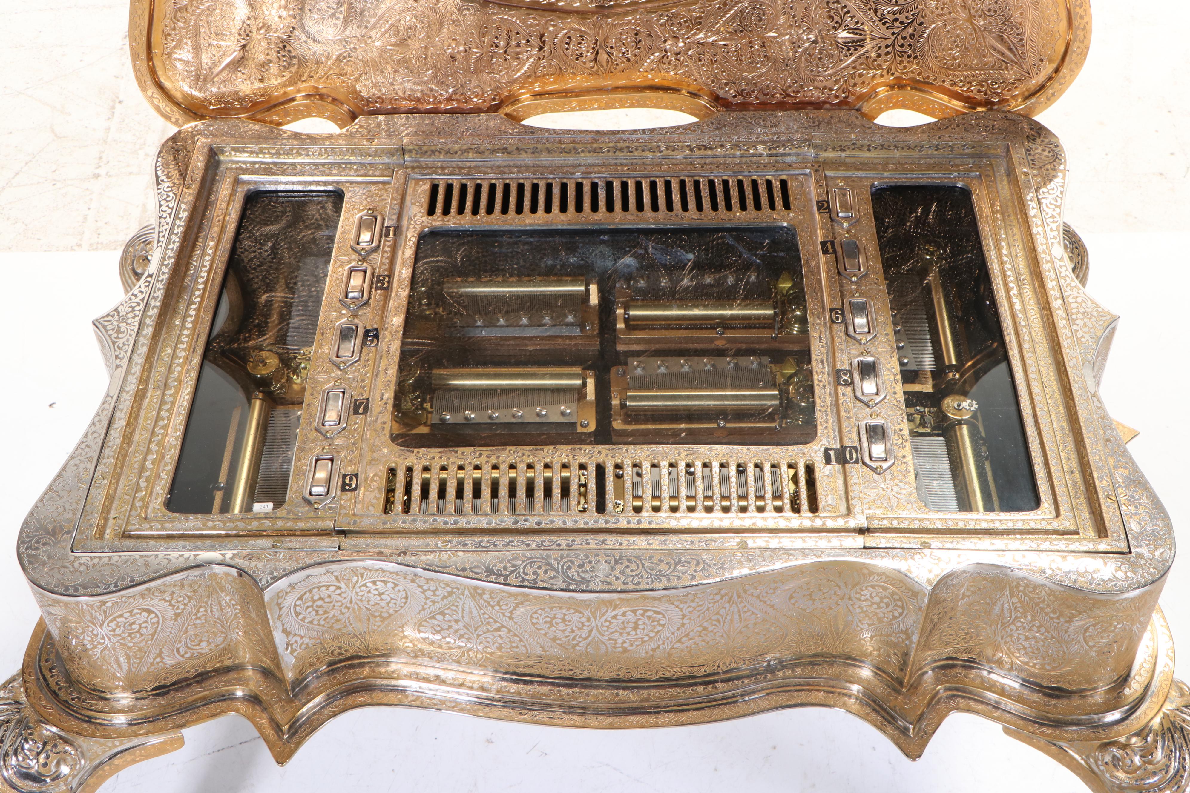Zimbalist Thorens Reuge Ten-Song Music Box Table in Engraved Gilt Metal Case