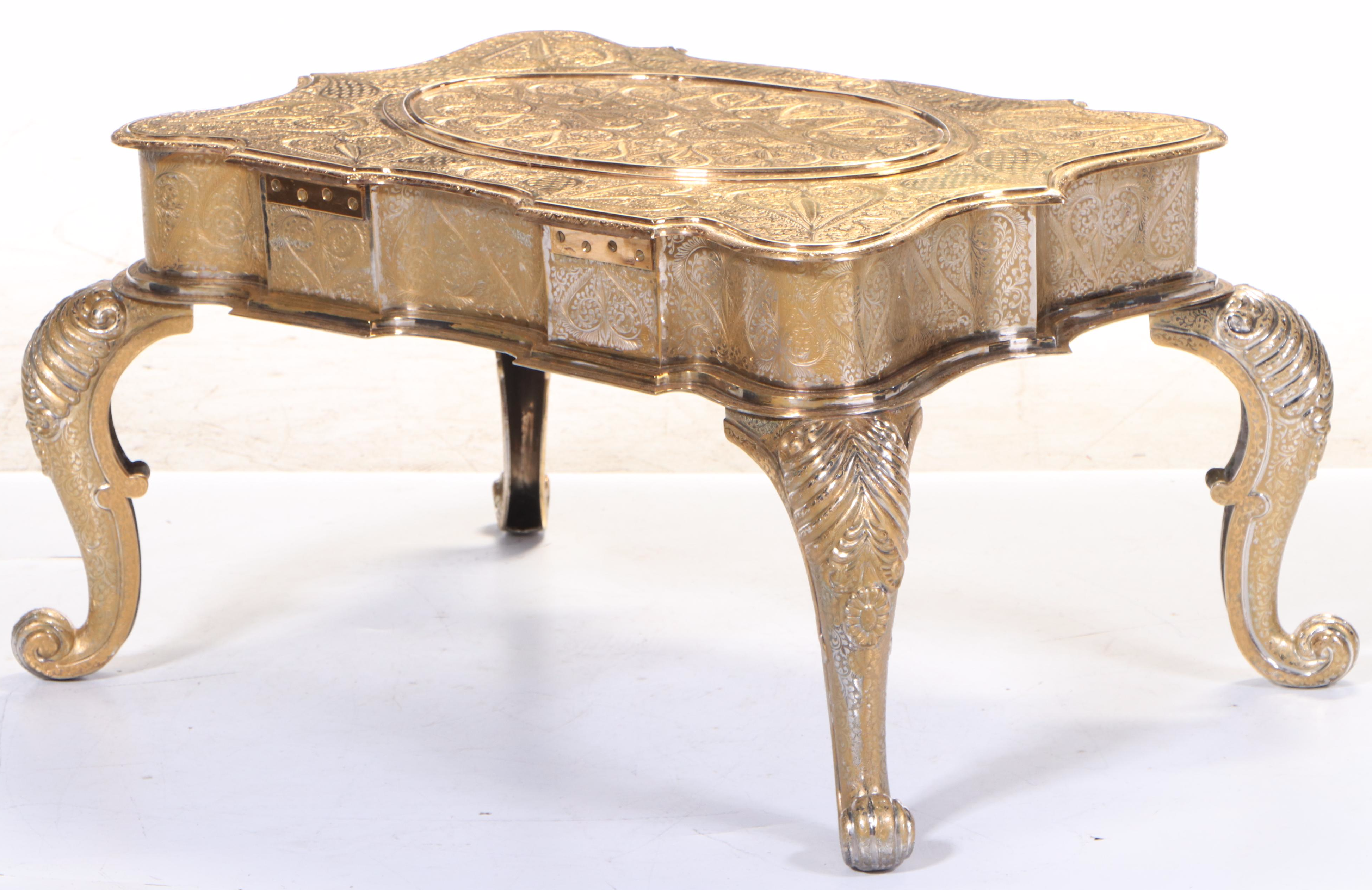 Zimbalist Thorens Reuge Ten-Song Music Box Table in Engraved Gilt Metal Case