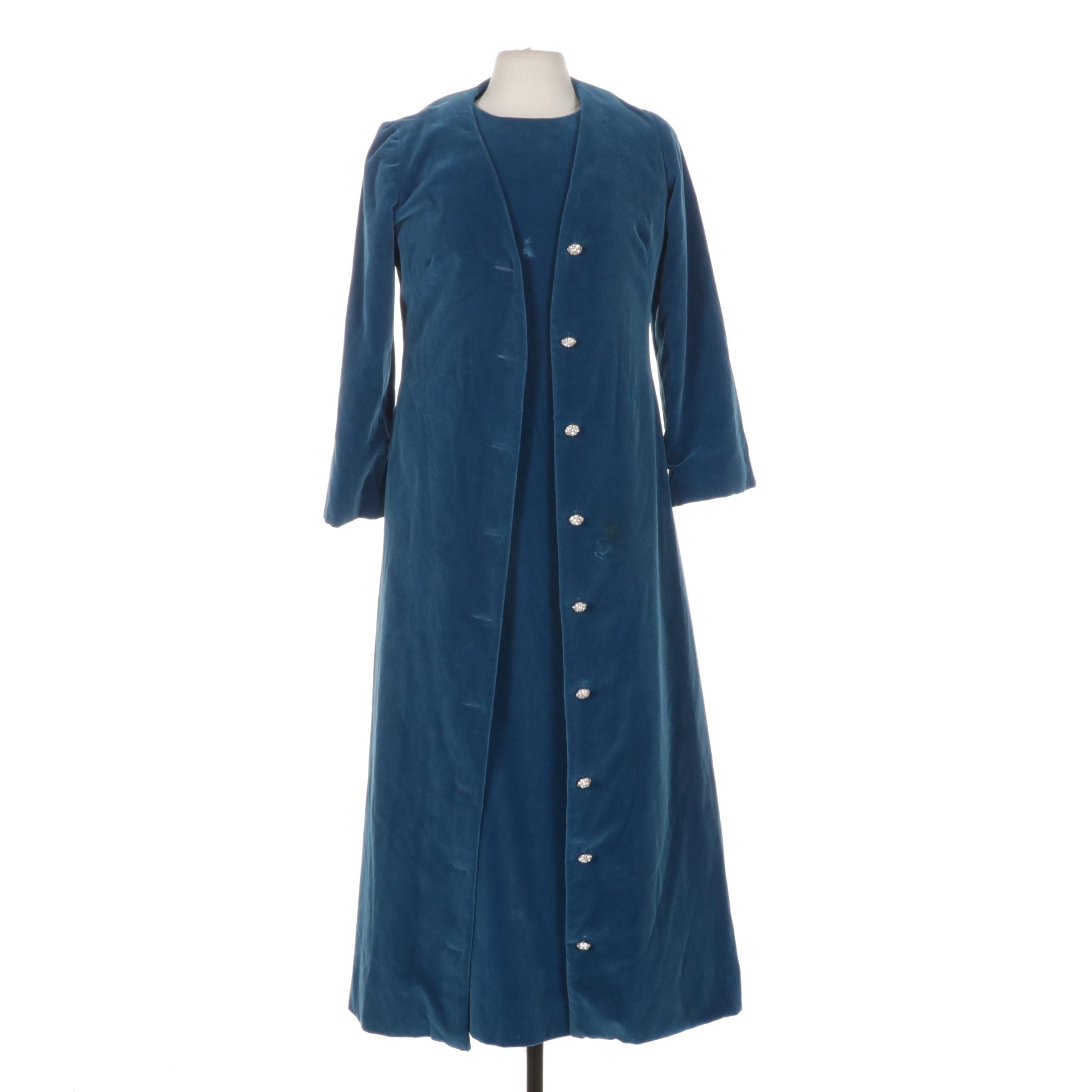 Yvonne Originals Cerulean Velvet Maxi Dress and Duster Set, 1960s