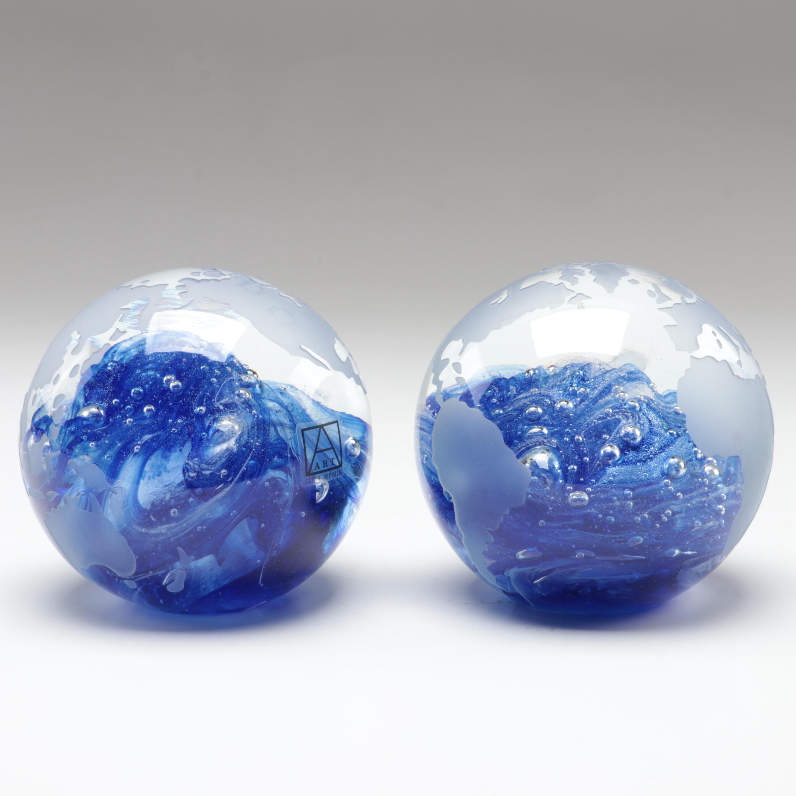 Bohemian Blue Trapped Bubble and Sandblasted Czech Art Glass Globe Paperweights