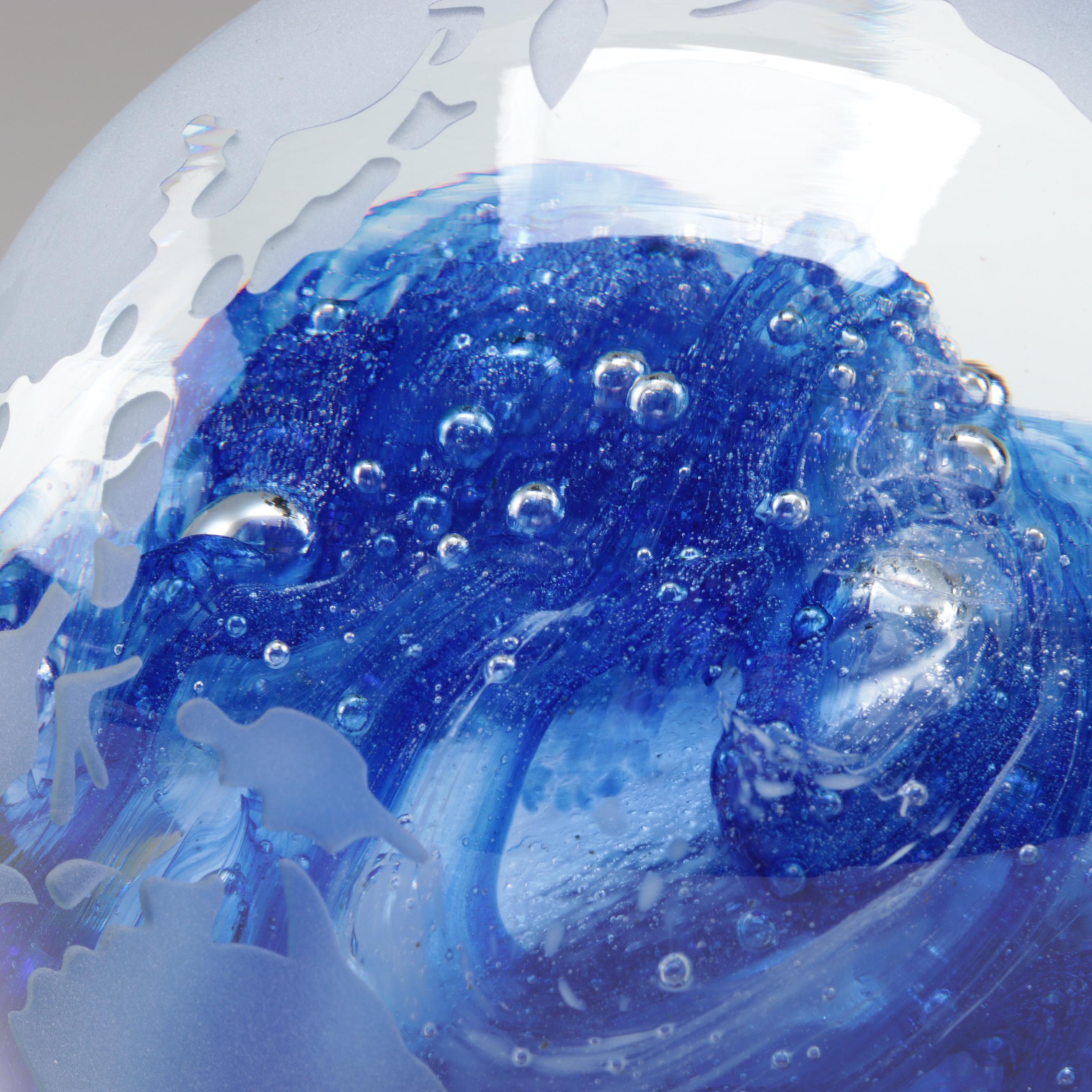 Bohemian Blue Trapped Bubble and Sandblasted Czech Art Glass Globe Paperweights