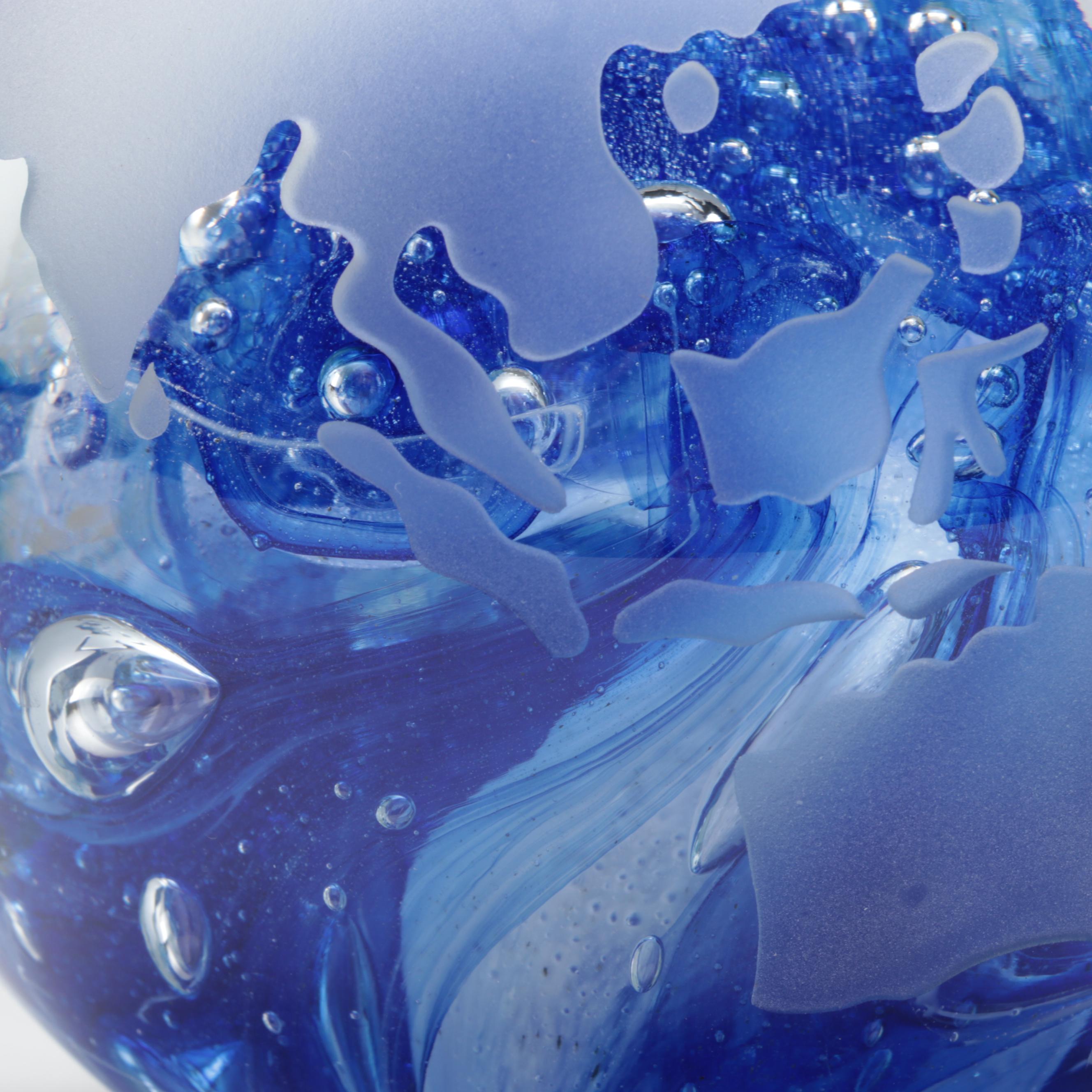 Bohemian Blue Trapped Bubble and Sandblasted Czech Art Glass Globe Paperweights