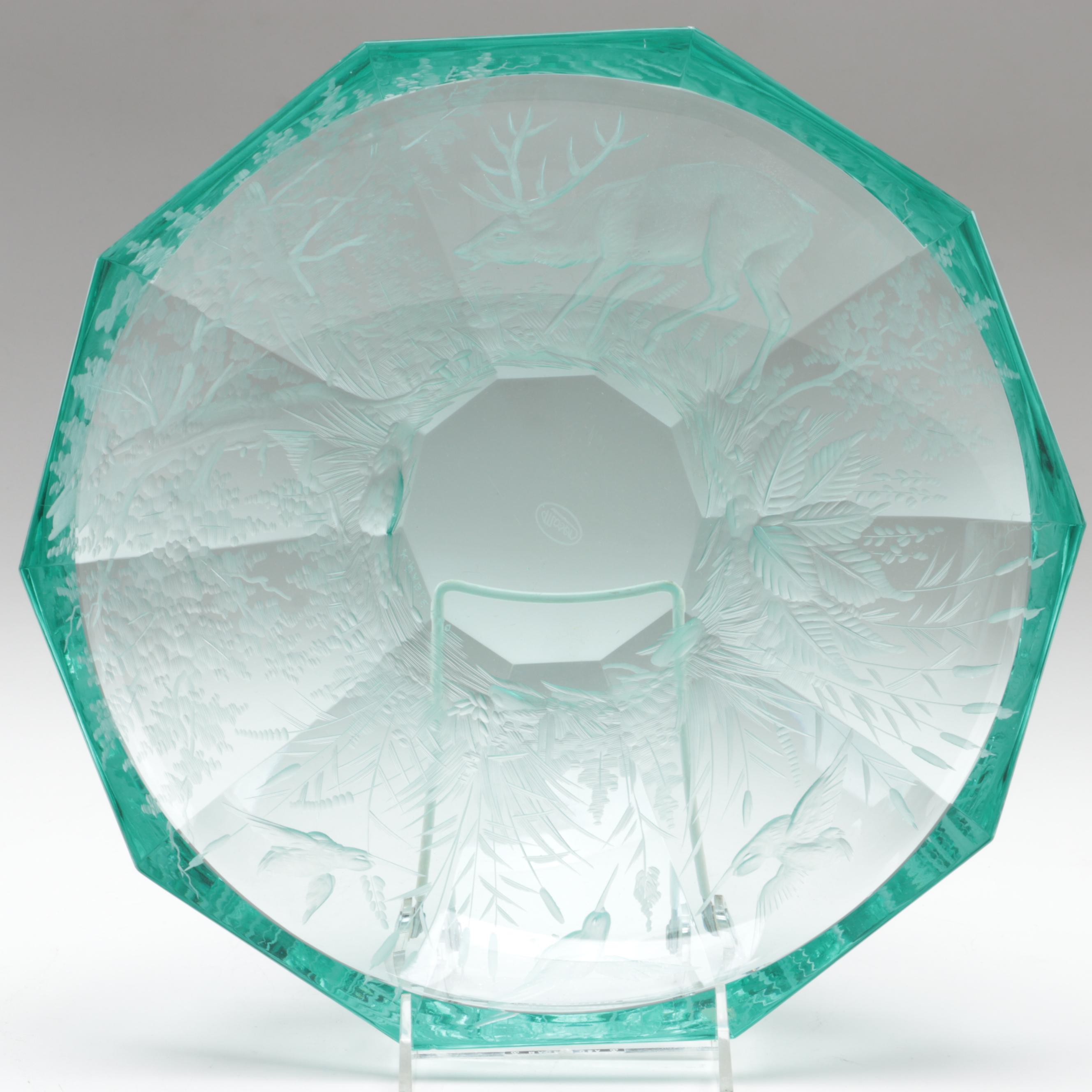 Konstantin Hable Jr. for Moser Trees, Stag and Birds Engraved Crystal Bowl, 1980