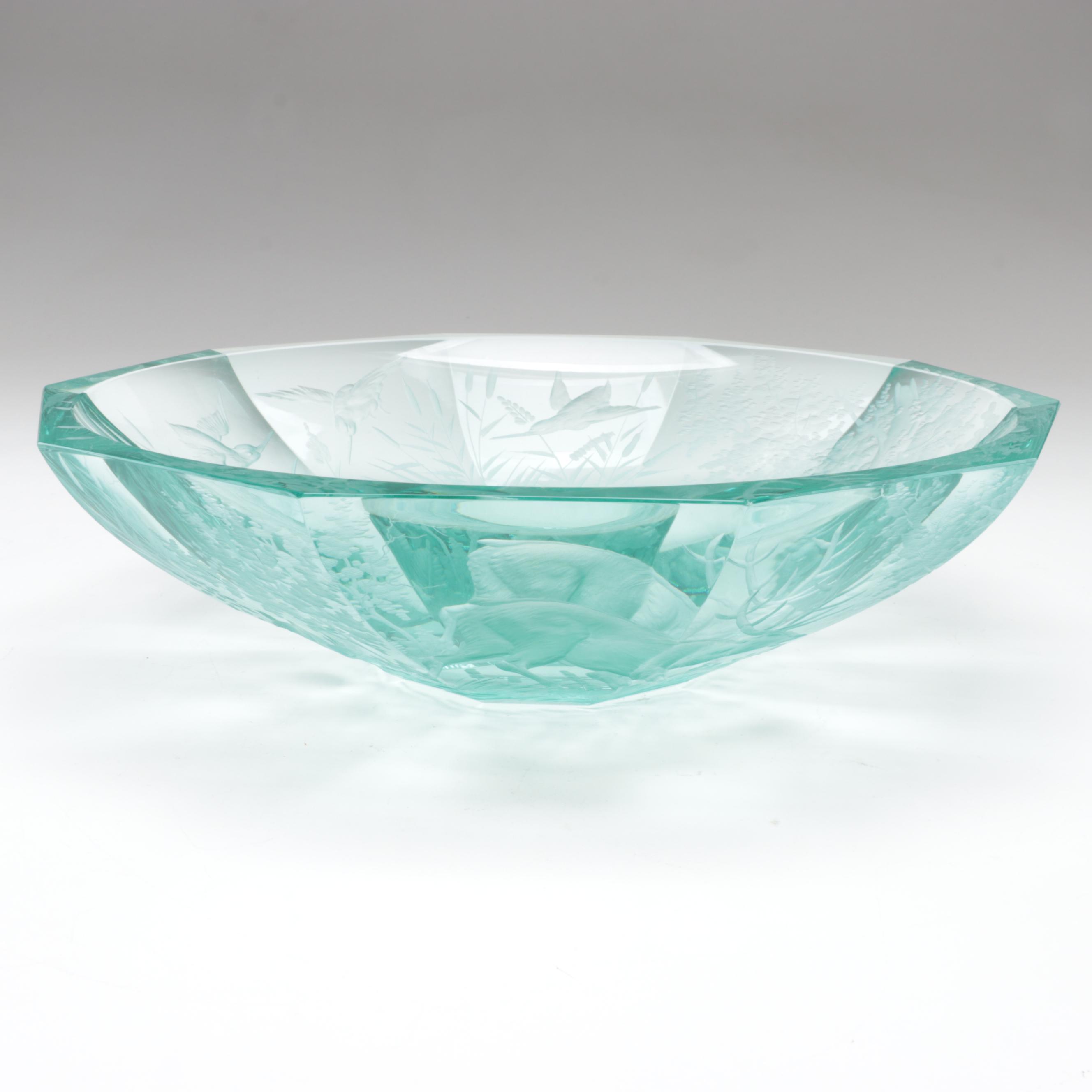 Konstantin Hable Jr. for Moser Trees, Stag and Birds Engraved Crystal Bowl, 1980