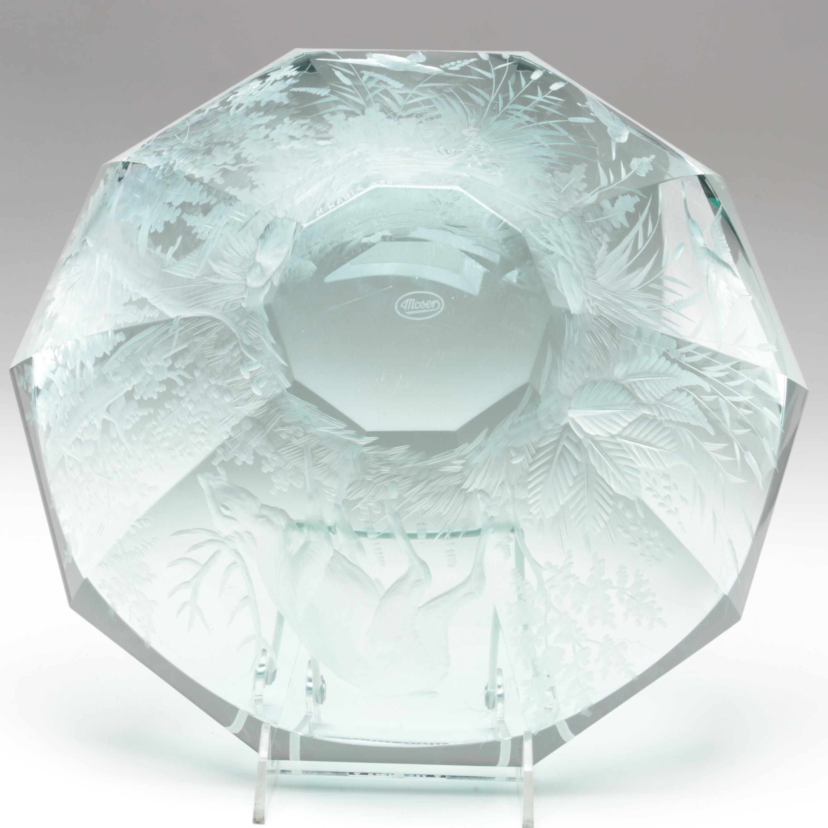 Konstantin Hable Jr. for Moser Trees, Stag and Birds Engraved Crystal Bowl, 1980