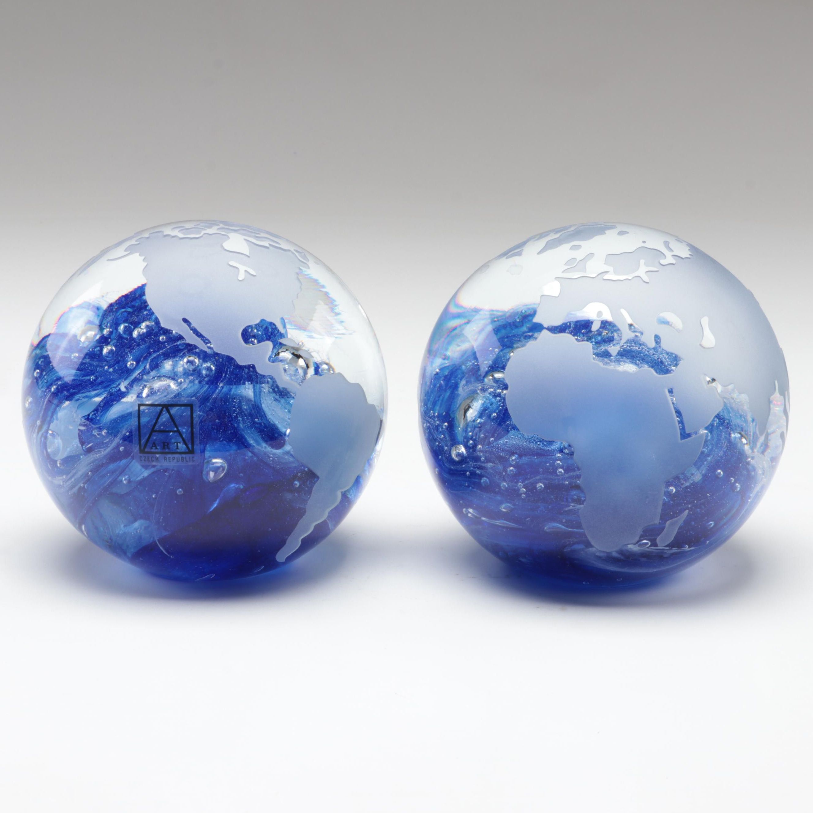 Bohemian Blue Trapped Bubble and Sandblasted Czech Art Glass Globe Paperweights
