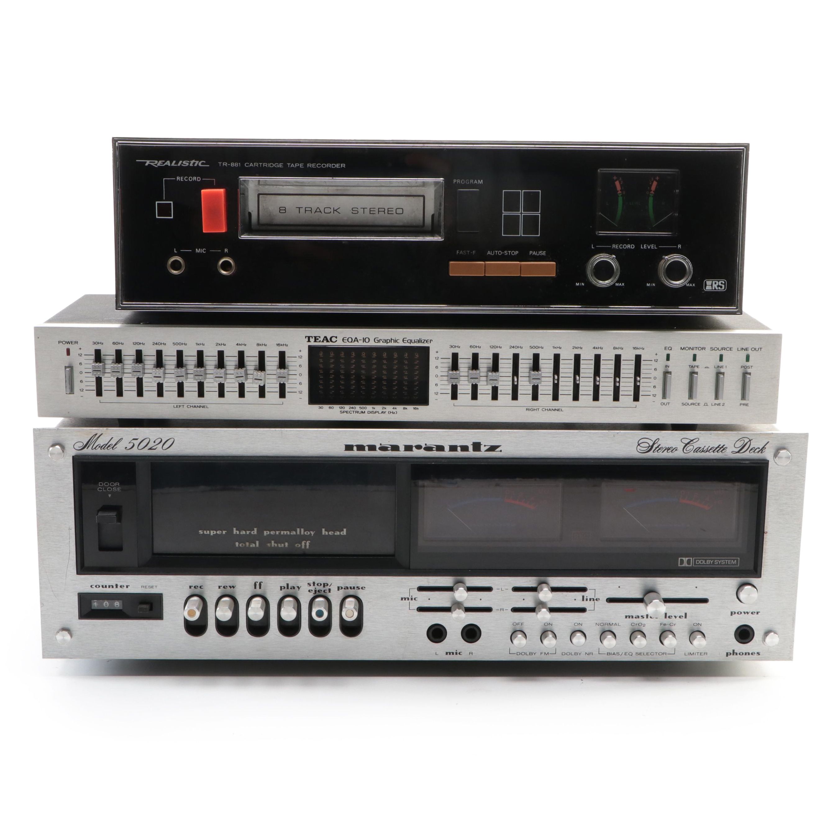 Marantz 5020 Cassette Deck, Realistic TR-881 8-Track Recorder and TEAC Equalizer