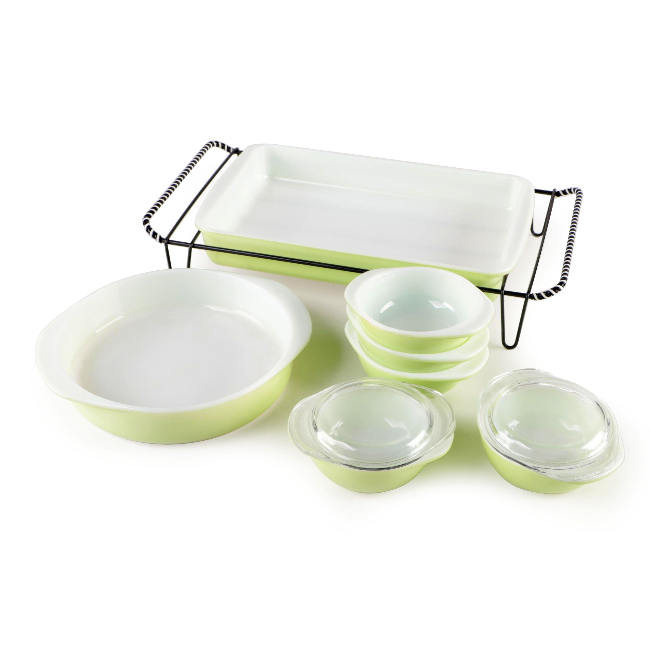 Pyrex Lime Green Casserole Dishes and Stand, Mid to Late  20th Century