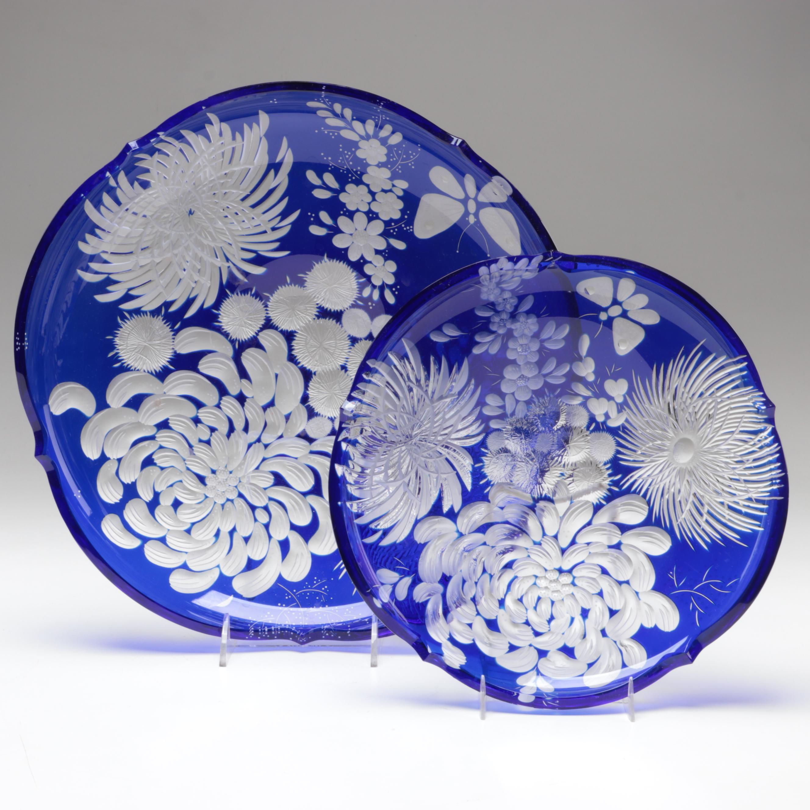 Bohemian Blue Cut and Engraved to Clear Chrysanthemum Motif Czech Crystal Bowls