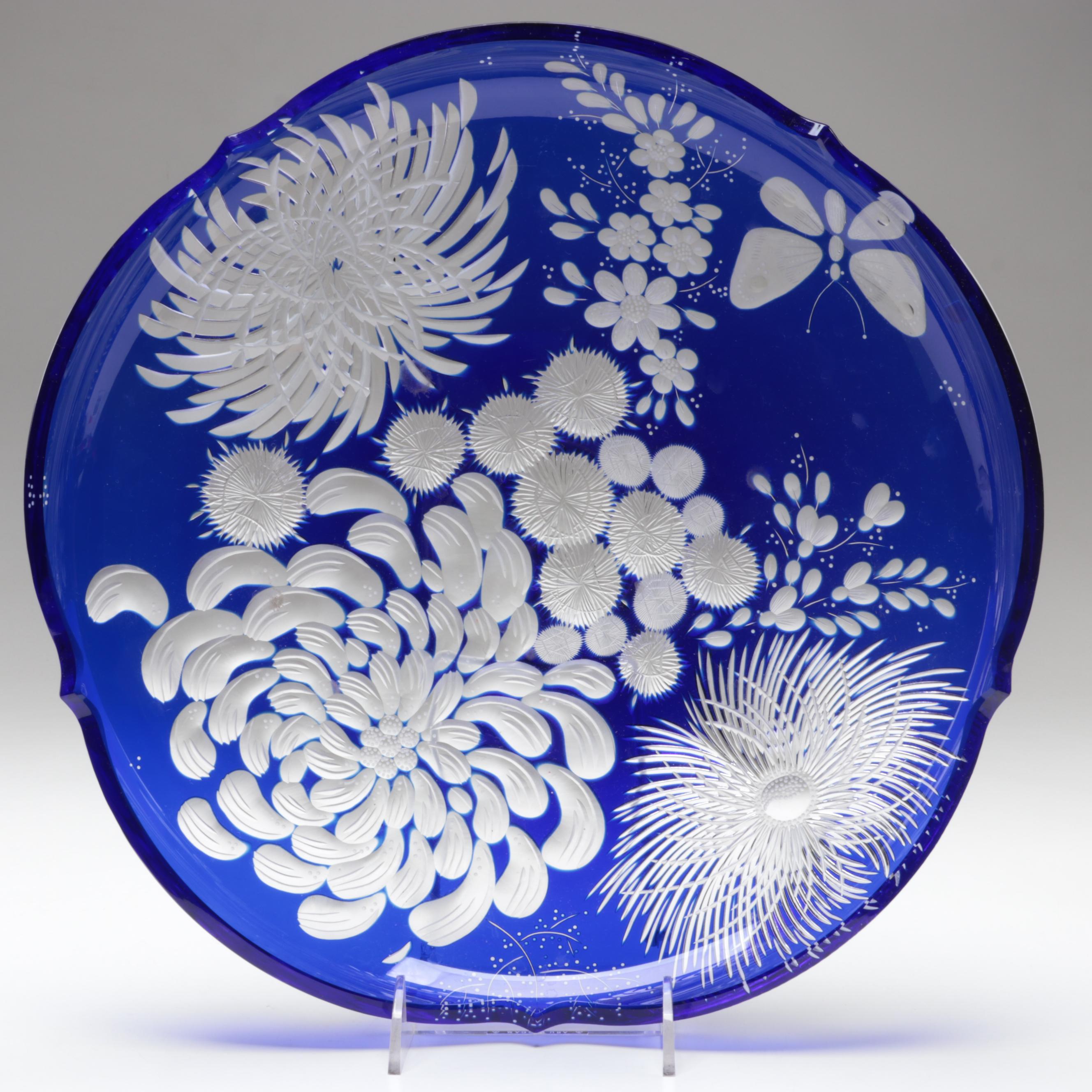 Bohemian Blue Cut and Engraved to Clear Chrysanthemum Motif Czech Crystal Bowls