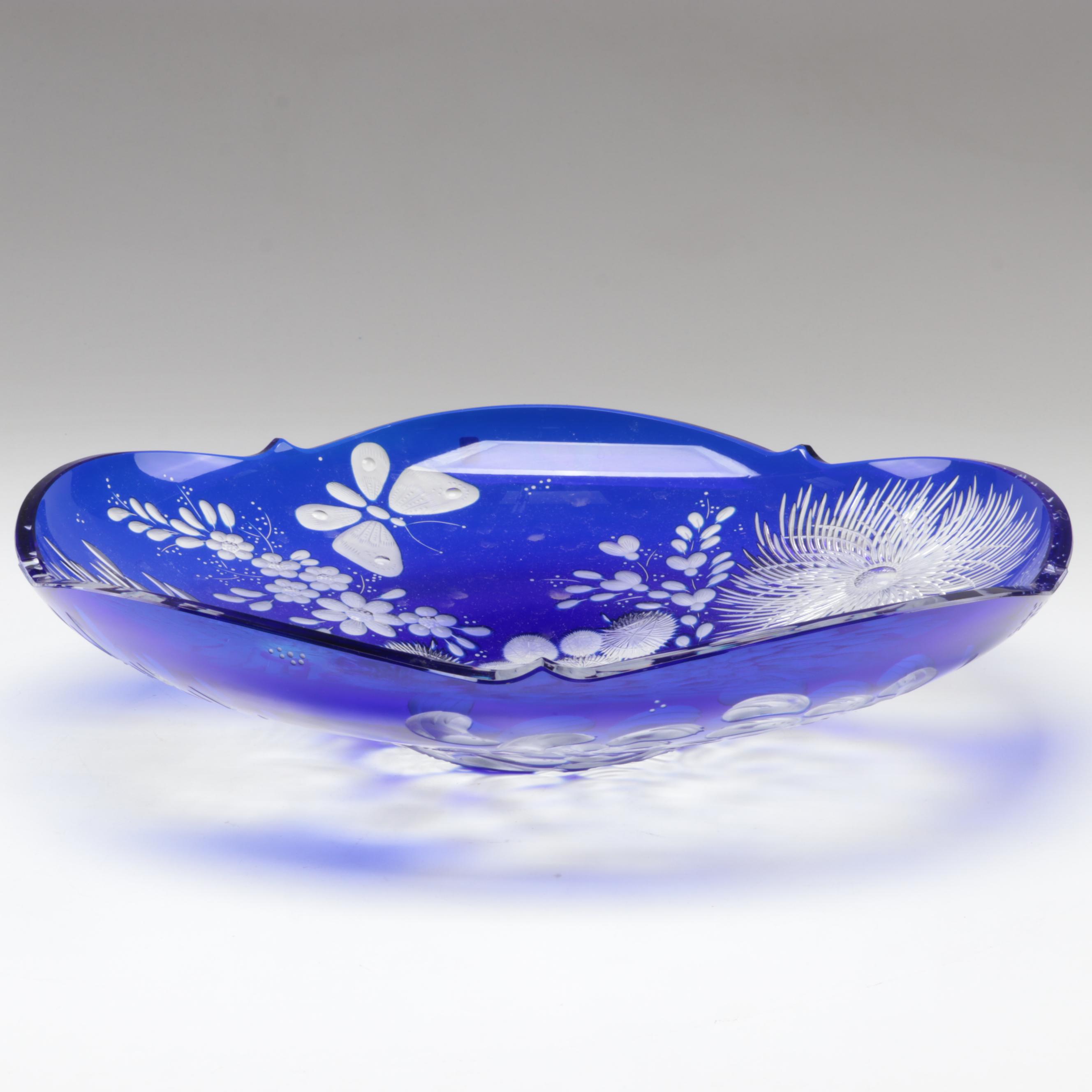 Bohemian Blue Cut and Engraved to Clear Chrysanthemum Motif Czech Crystal Bowls
