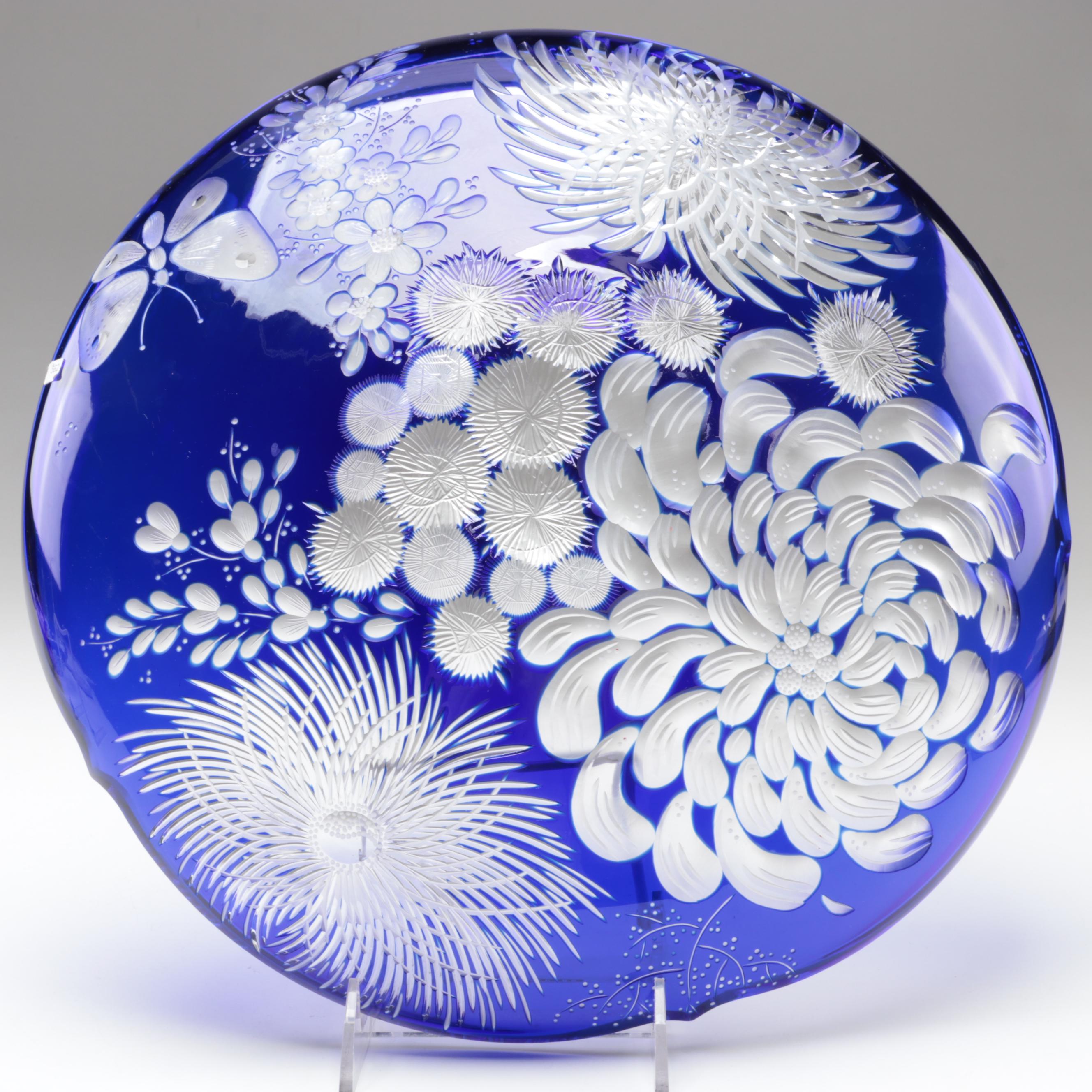Bohemian Blue Cut and Engraved to Clear Chrysanthemum Motif Czech Crystal Bowls